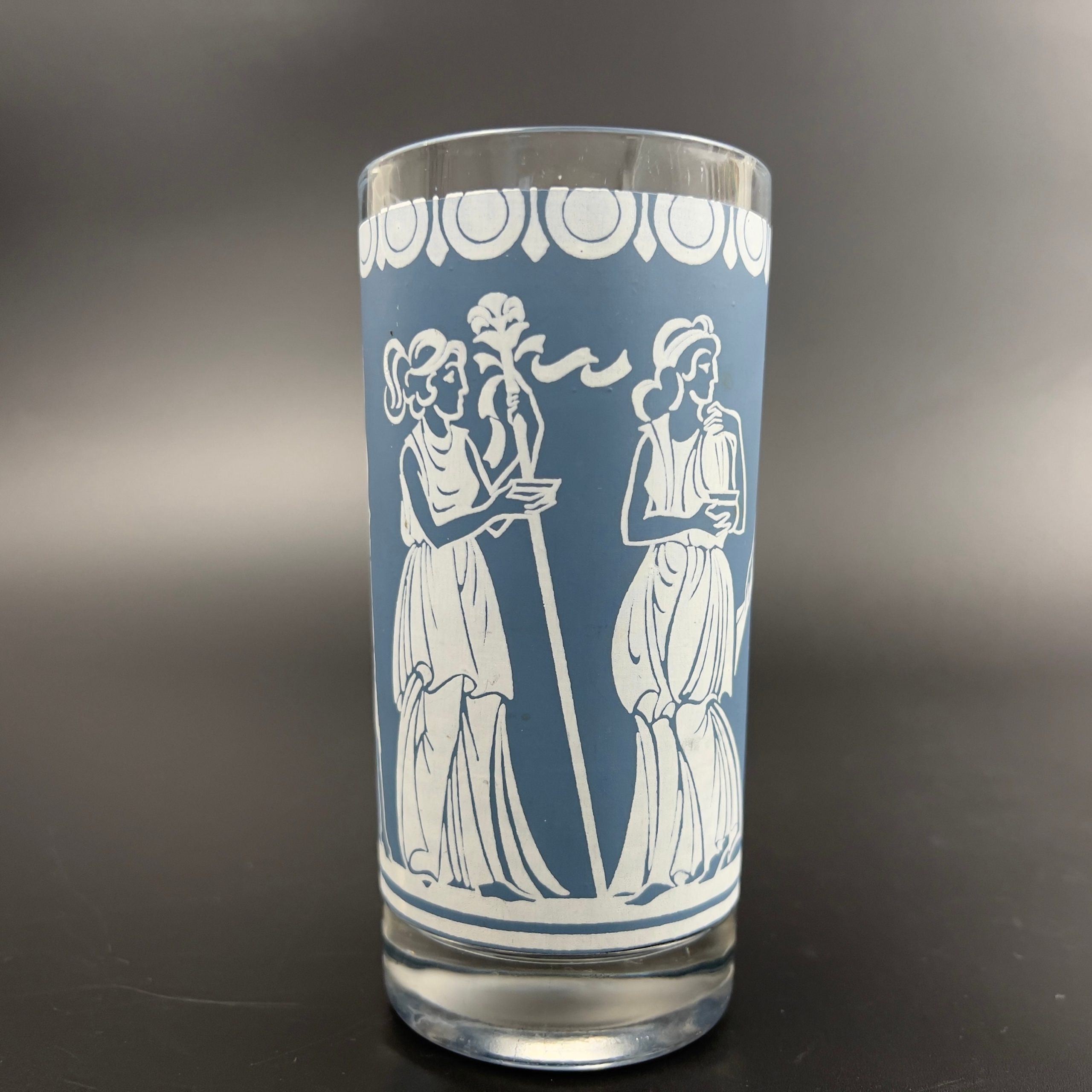 Midcentury Blue & White Neoclassical Tumblers - Set of 8 Jeanette Glass Barware - Image 9