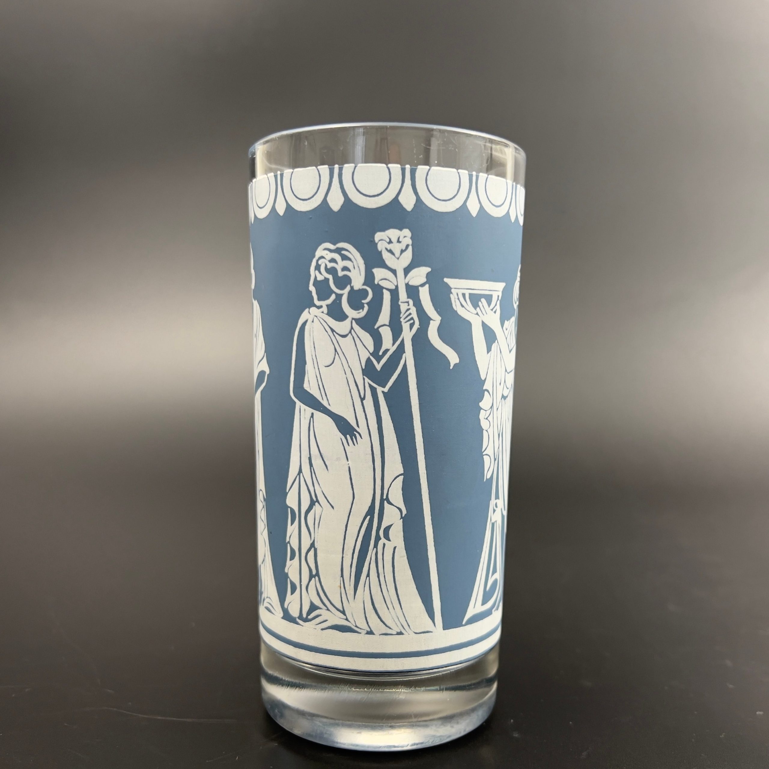 Midcentury Blue & White Neoclassical Tumblers - Set of 8 Jeanette Glass Barware - Image 7