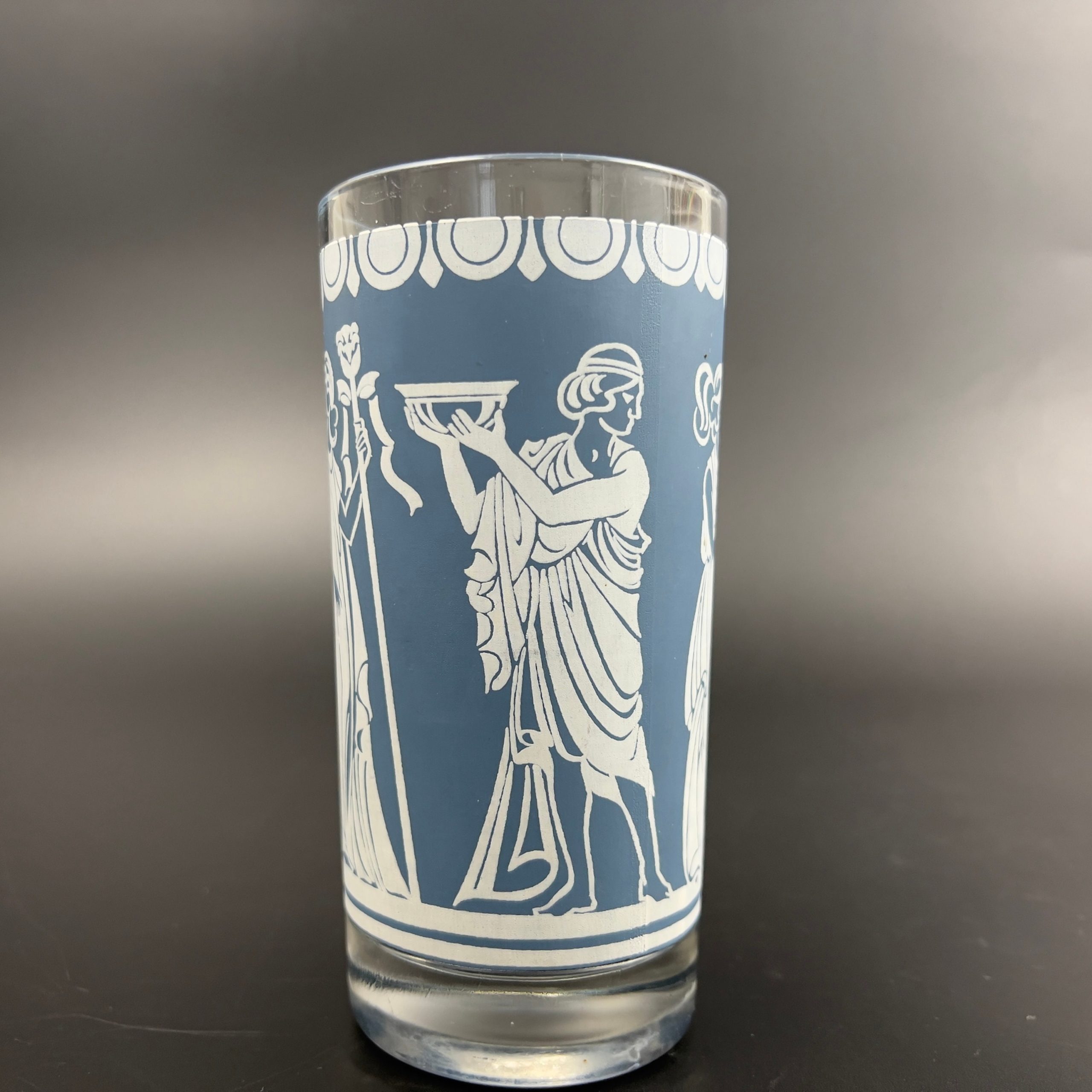 Midcentury Blue & White Neoclassical Tumblers - Set of 8 Jeanette Glass Barware - Image 8