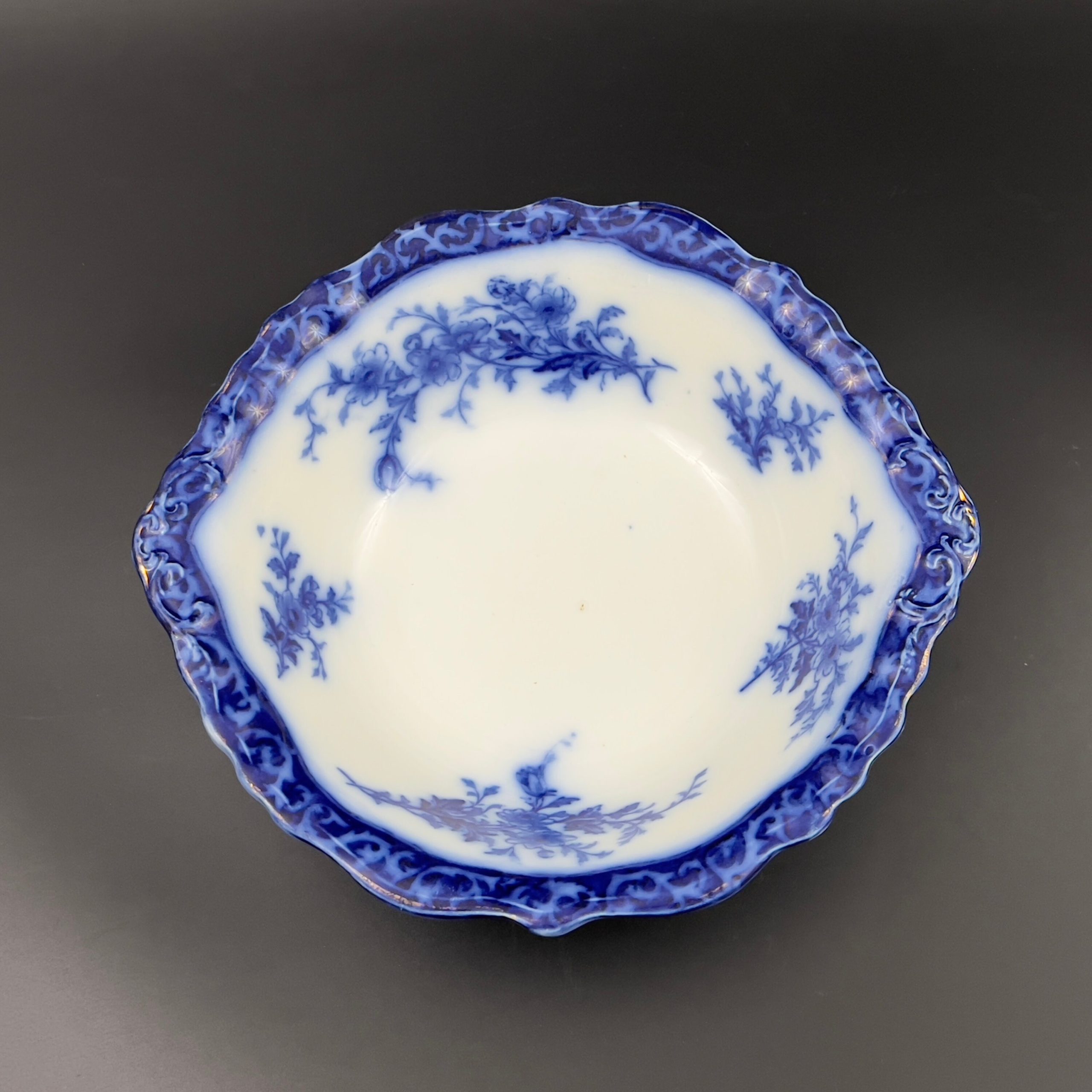Antique Flow Blue Serving Bowl: 1898 Alcock Touraine Pattern, England