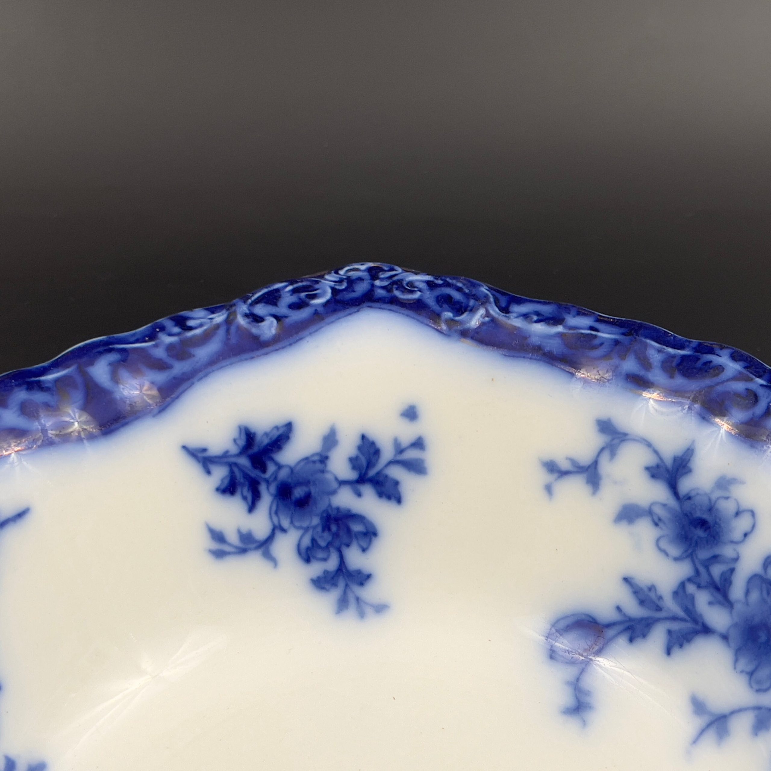 Antique Flow Blue Serving Bowl: 1898 Alcock Touraine Pattern, England - Image 6