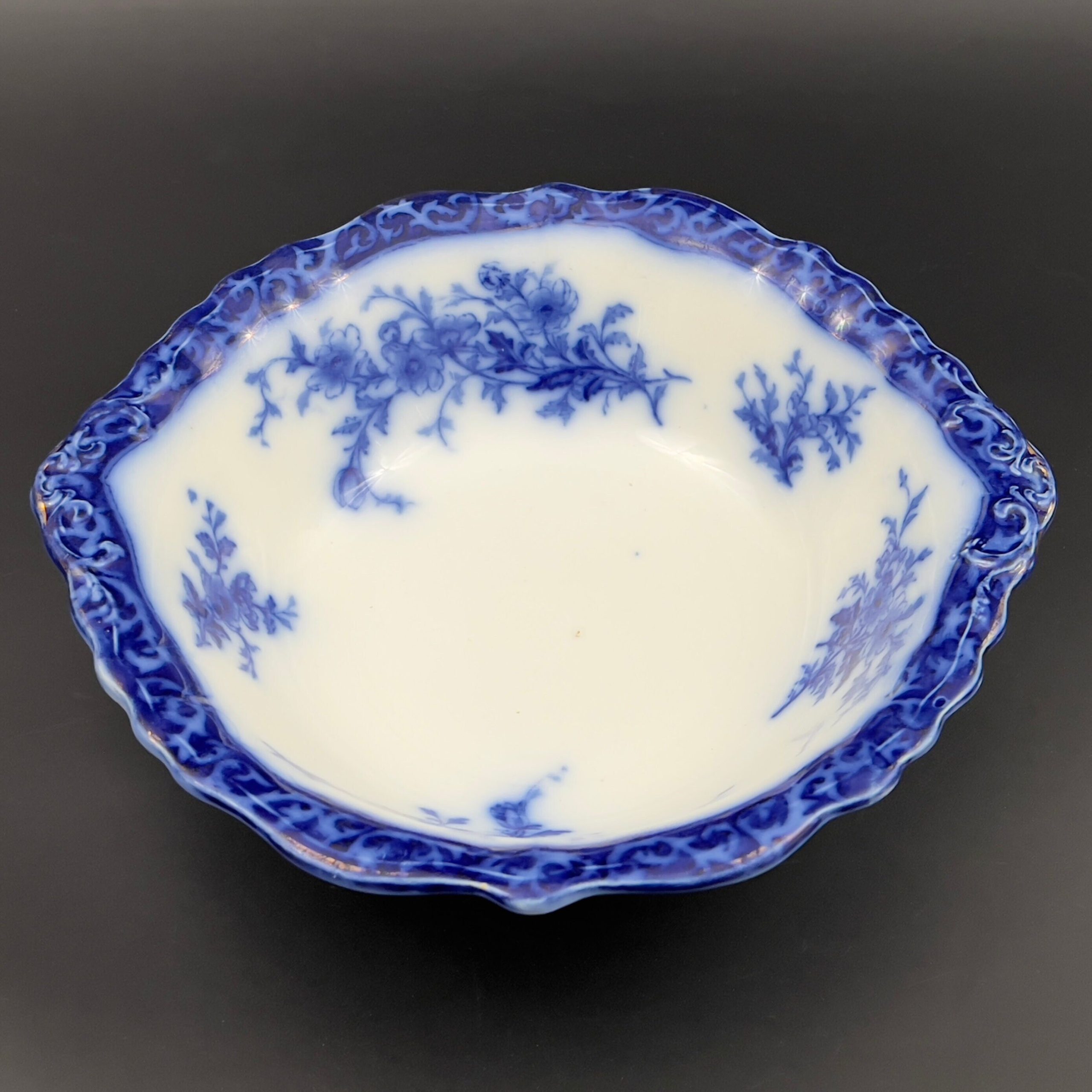 Antique Flow Blue Serving Bowl: 1898 Alcock Touraine Pattern, England - Image 3