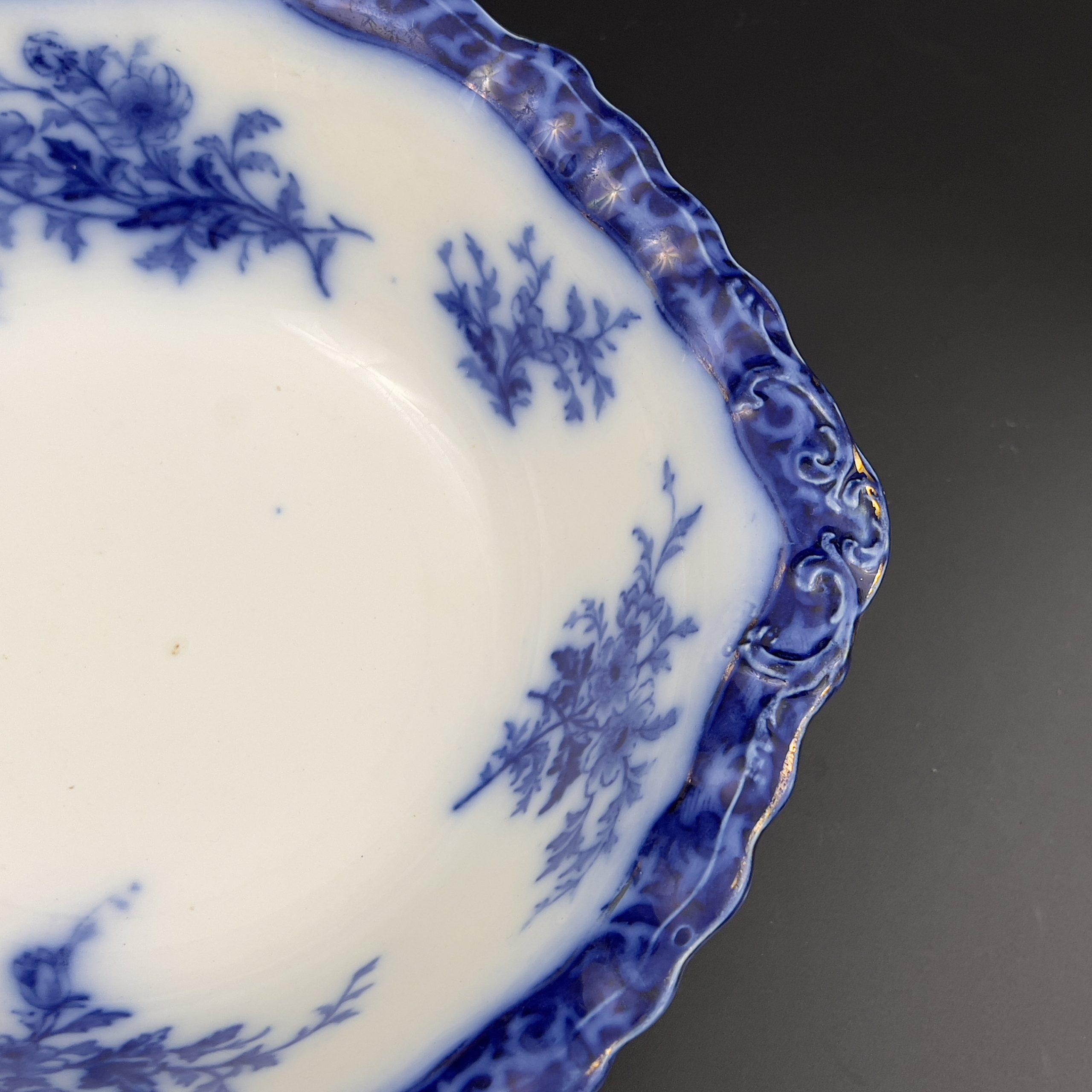 Antique Flow Blue Serving Bowl: 1898 Alcock Touraine Pattern, England - Image 8