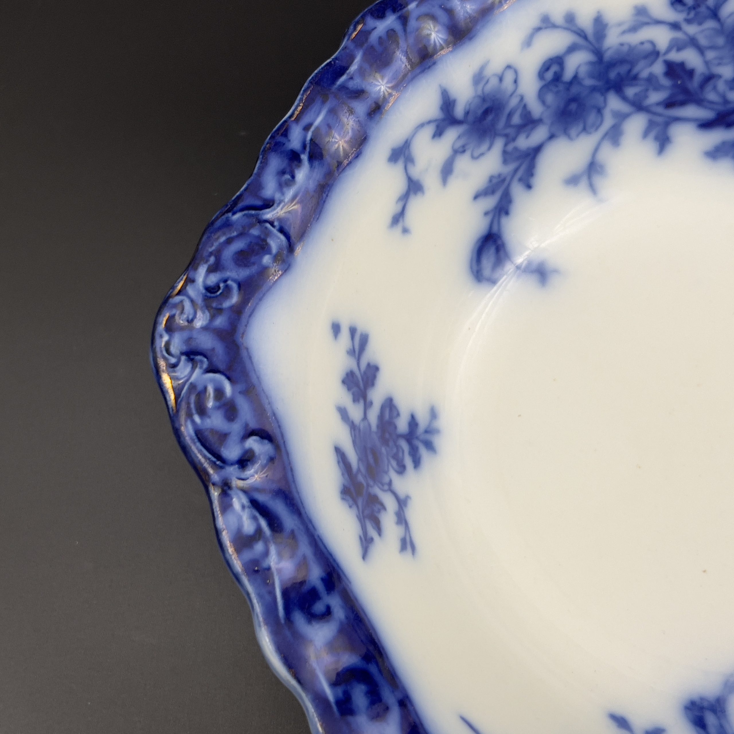 Antique Flow Blue Serving Bowl: 1898 Alcock Touraine Pattern, England - Image 7