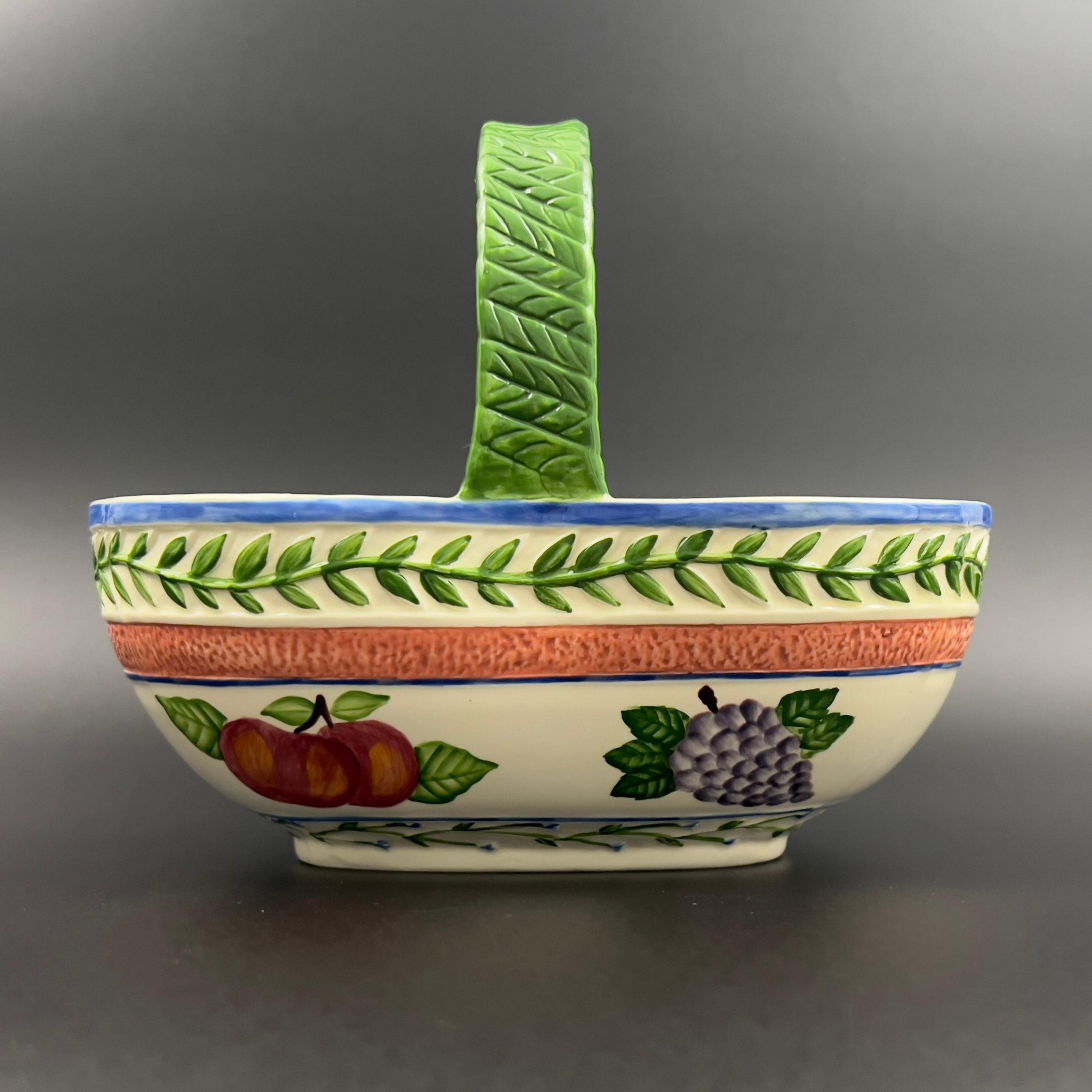 Vintage Majolica Style Ceramic Fruit Basket with Handle - Image 4