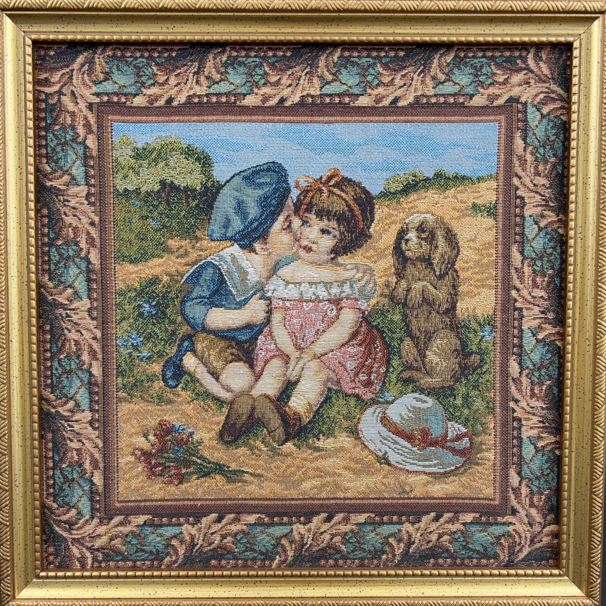 Vintage Framed Needlepoint Tapestry: Boy Kissing Girl with Dog - Image 4