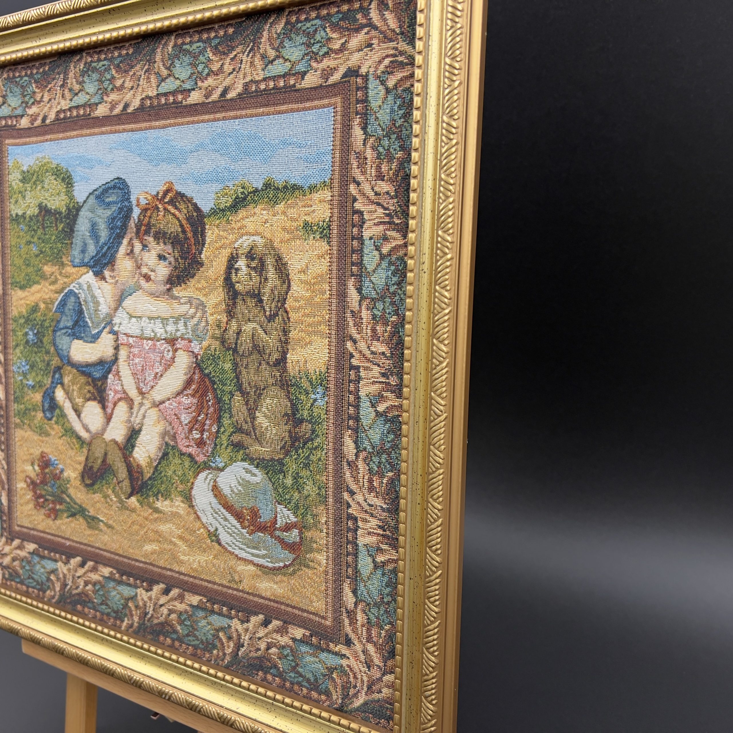 Vintage Framed Needlepoint Tapestry: Boy Kissing Girl with Dog - Image 8