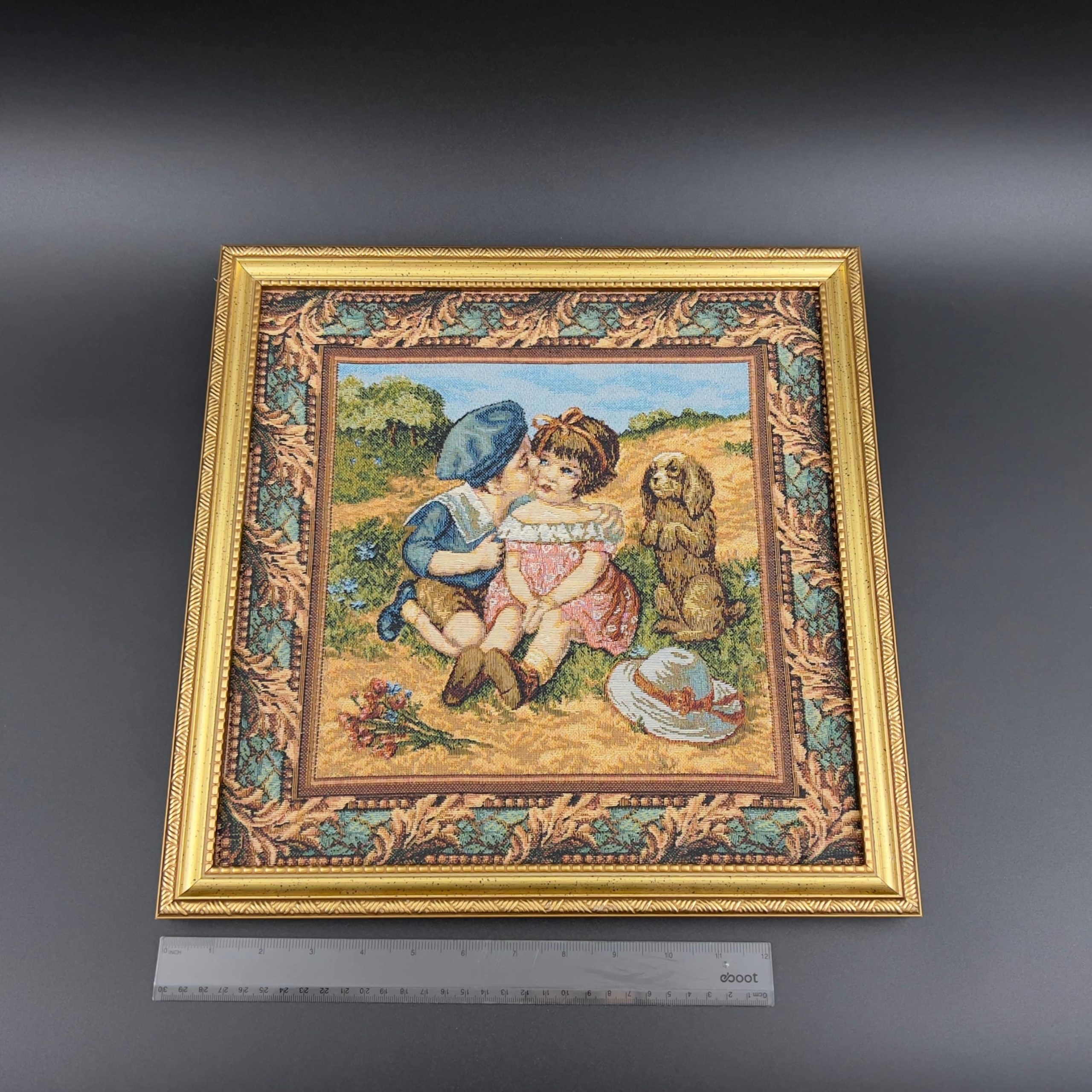 Vintage Framed Needlepoint Tapestry: Boy Kissing Girl with Dog - Image 11