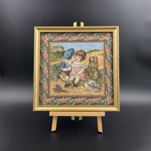 Vintage Framed Needlepoint Tapestry: Boy Kissing Girl with Dog