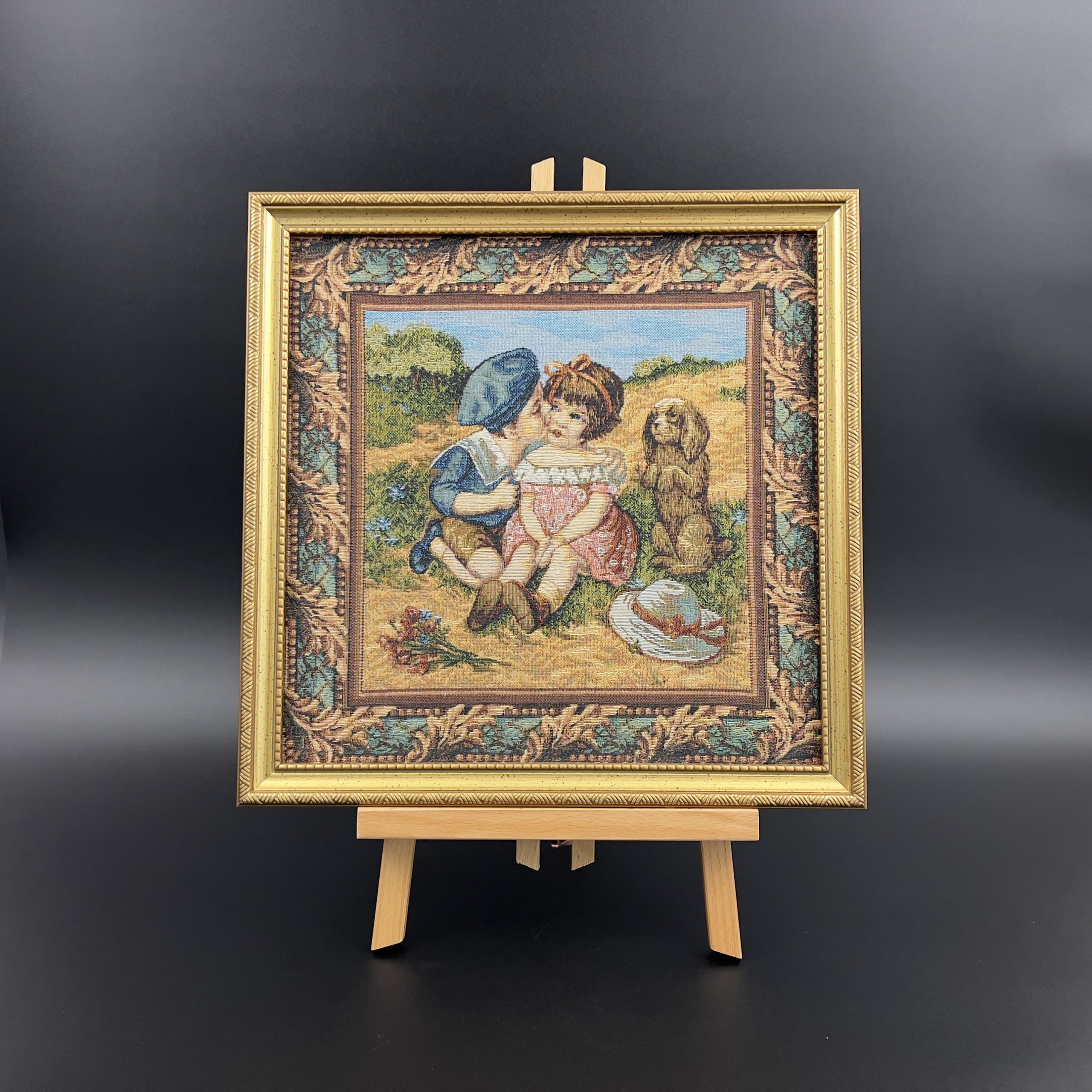 Vintage Framed Needlepoint Tapestry: Boy Kissing Girl with Dog