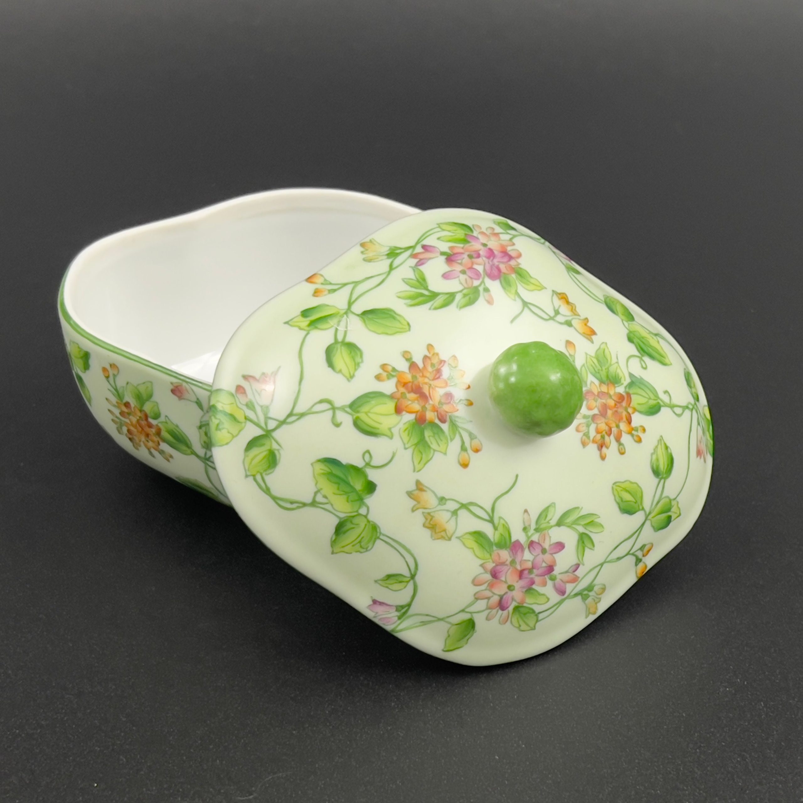 Vintage Andrea by Sadek Floral Porcelain Trinket Box: Green Garden Decor