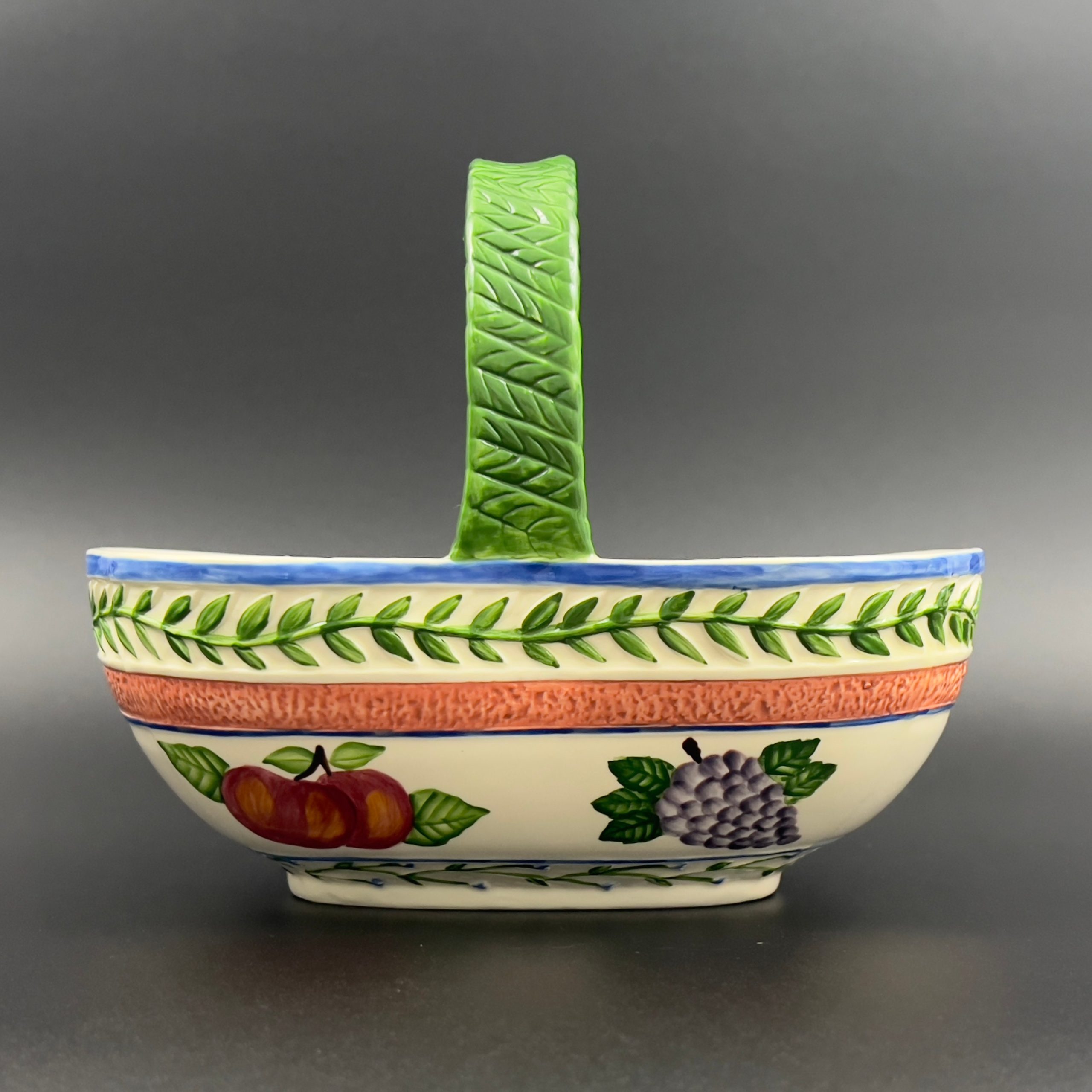 Vintage Majolica Style Ceramic Fruit Basket with Handle