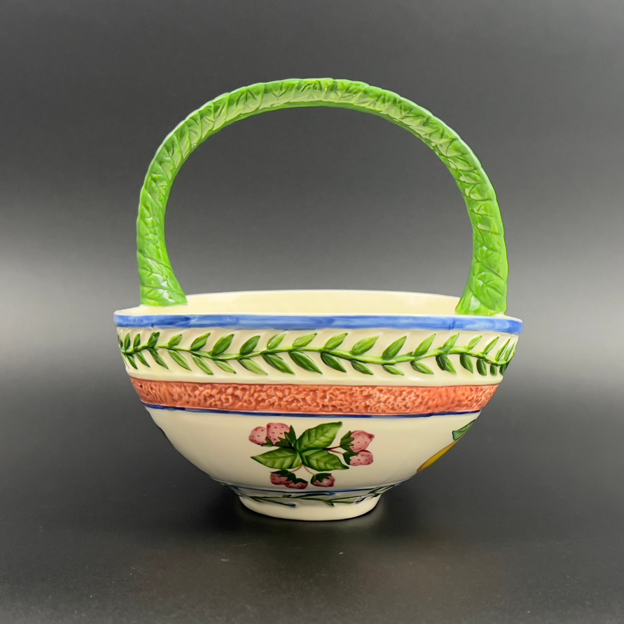 Vintage Majolica Style Ceramic Fruit Basket with Handle - Image 7