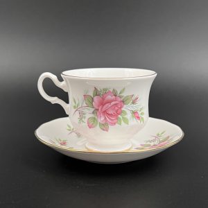 Vintage Queen Anne Bone China Tea Cup and Saucer: Pink Roses, Gold Trim