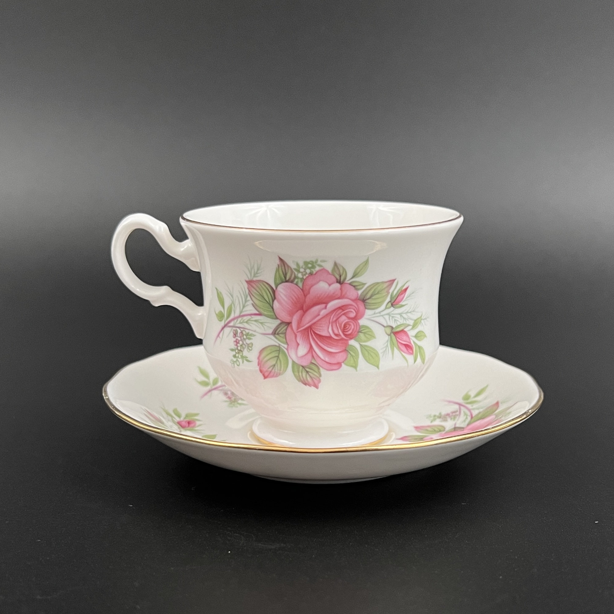 Vintage Queen Anne Bone China Tea Cup and Saucer: Pink Roses, Gold Trim