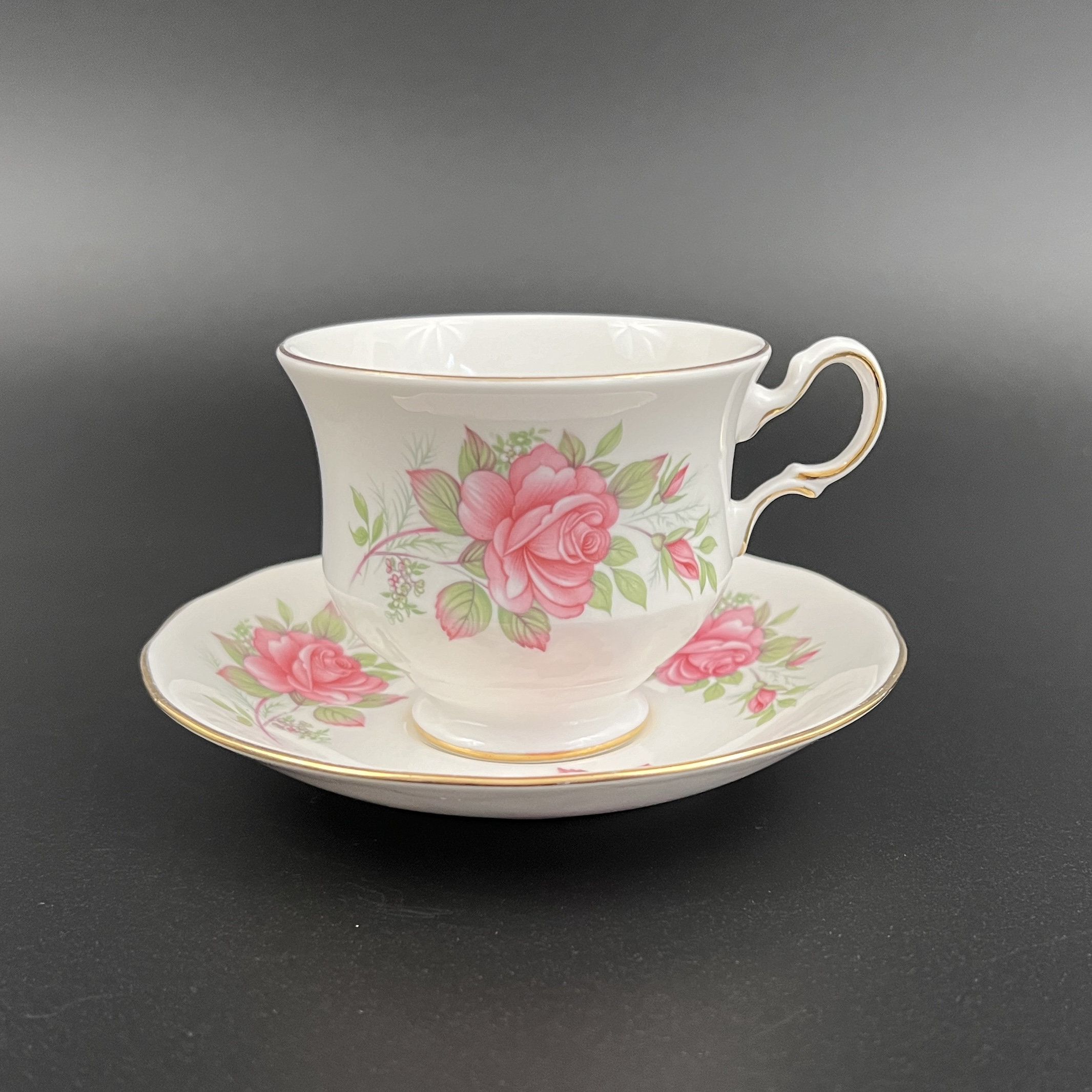 Vintage Queen Anne Bone China Tea Cup and Saucer: Pink Roses, Gold Trim - Image 4