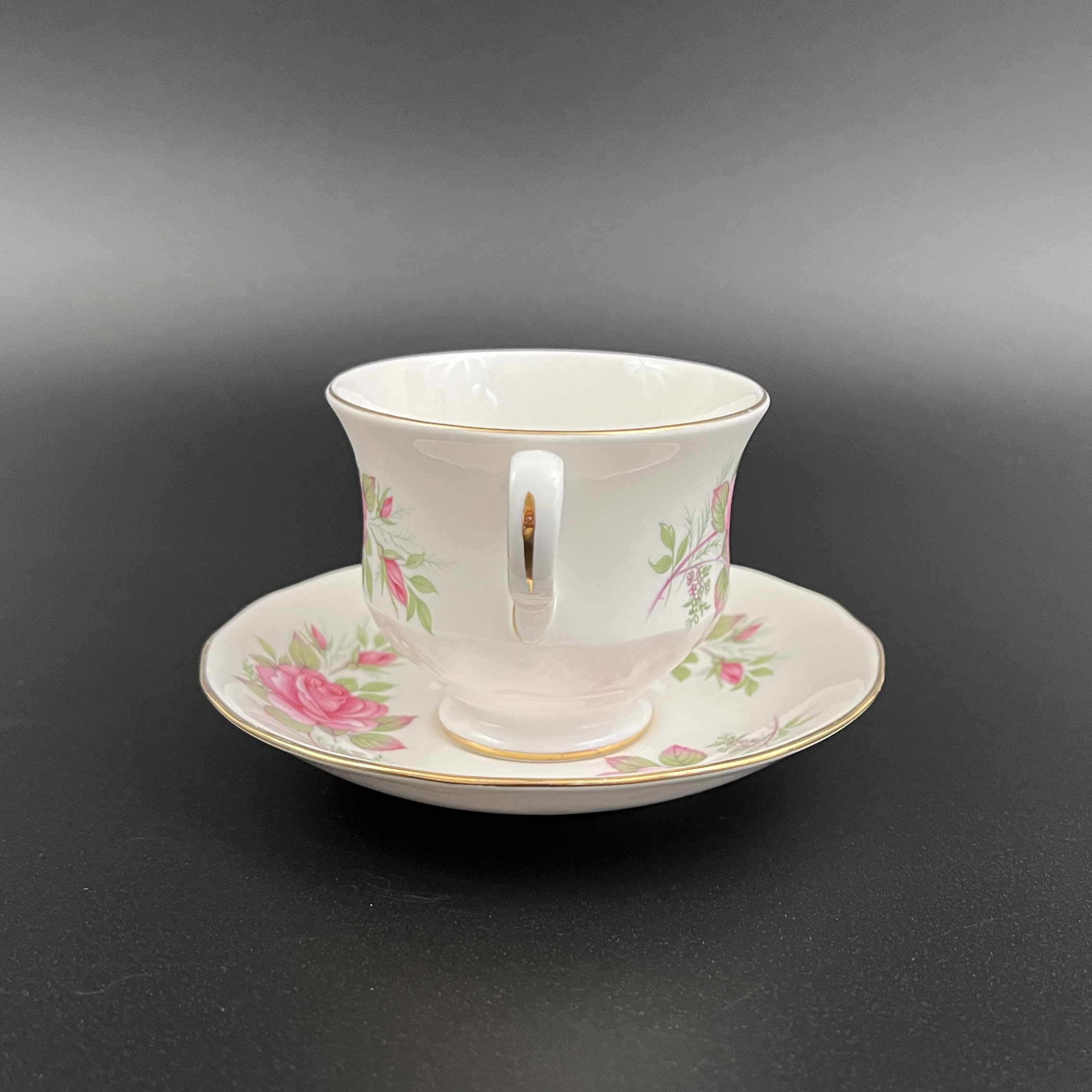 Vintage Queen Anne Bone China Tea Cup and Saucer: Pink Roses, Gold Trim - Image 5