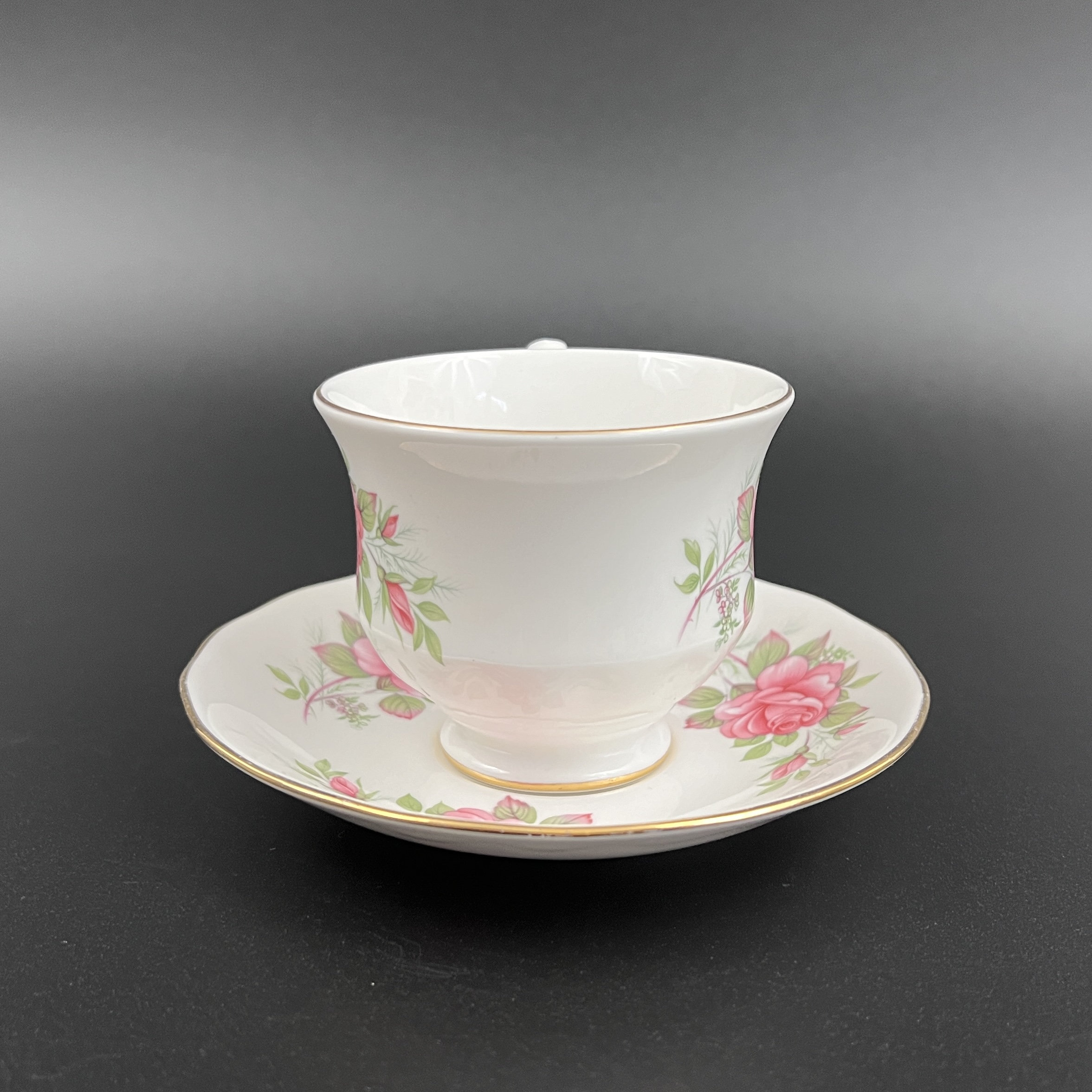 Vintage Queen Anne Bone China Tea Cup and Saucer: Pink Roses, Gold Trim - Image 6