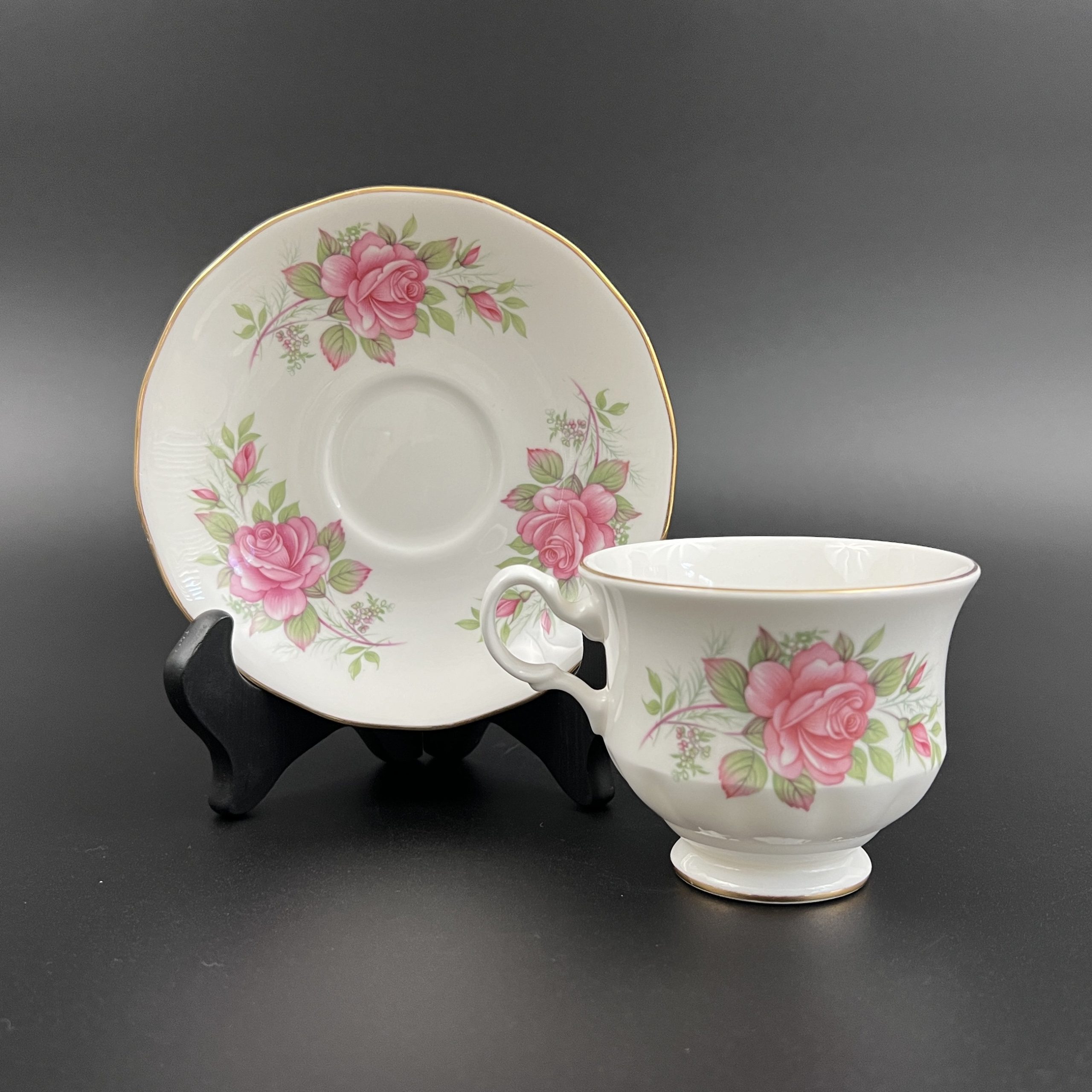 Vintage Queen Anne Bone China Tea Cup and Saucer: Pink Roses, Gold Trim - Image 3