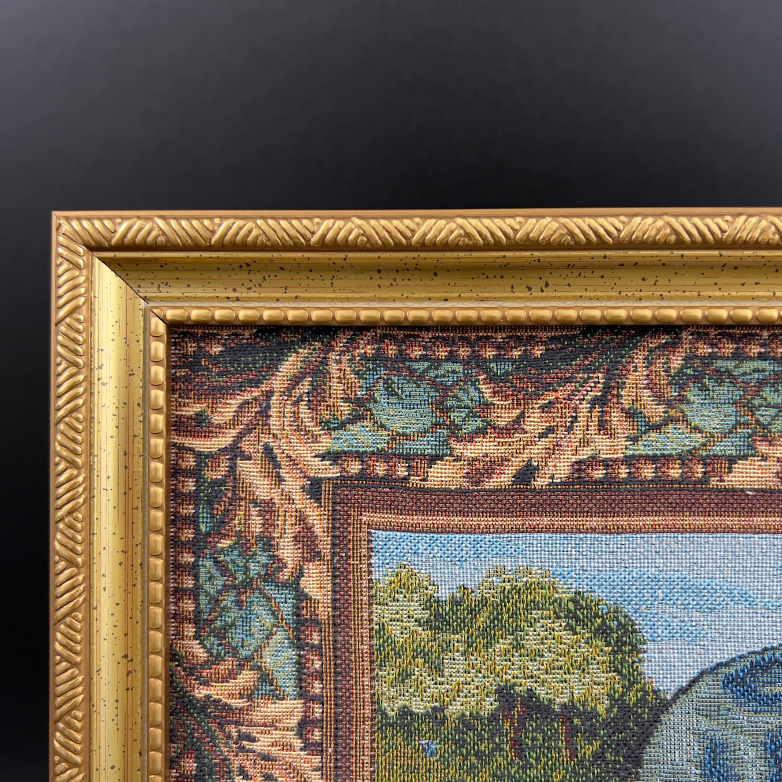 Vintage Framed Needlepoint Tapestry: Boy Kissing Girl with Dog - Image 7