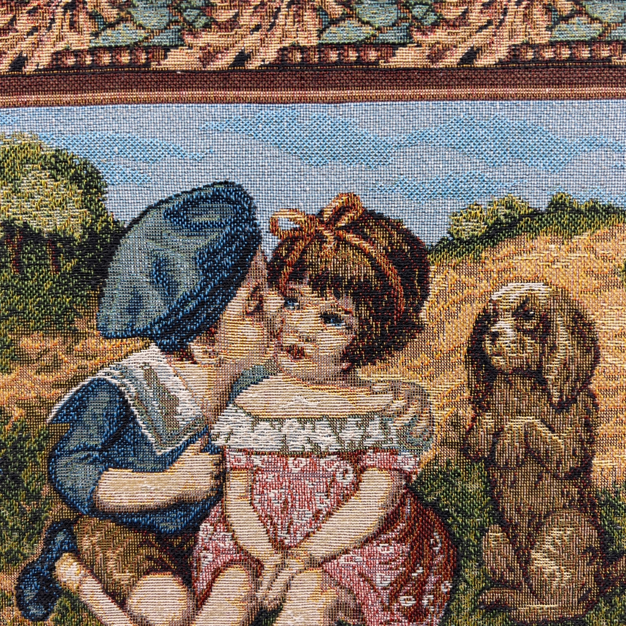 Vintage Framed Needlepoint Tapestry: Boy Kissing Girl with Dog - Image 5