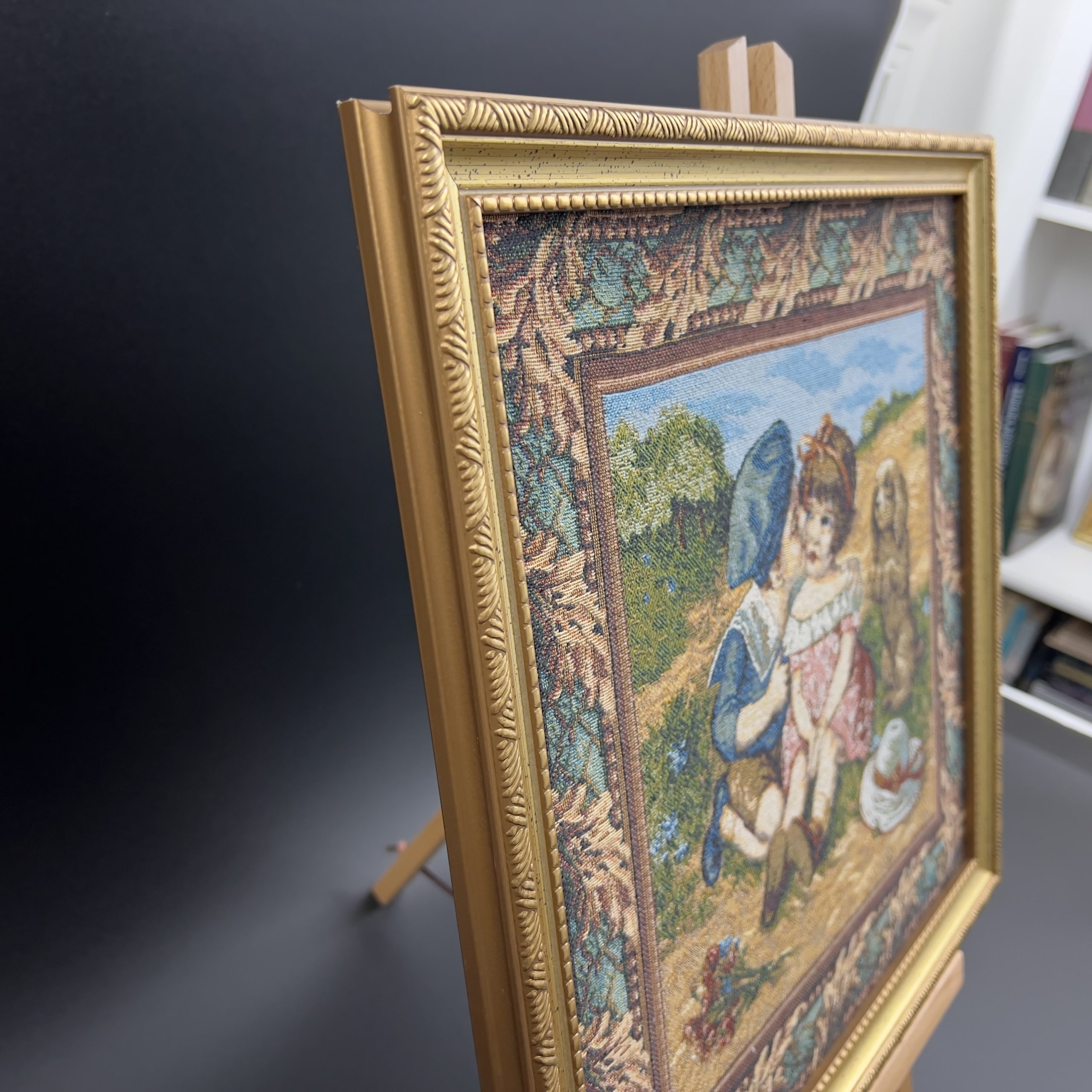 Vintage Framed Needlepoint Tapestry: Boy Kissing Girl with Dog - Image 9