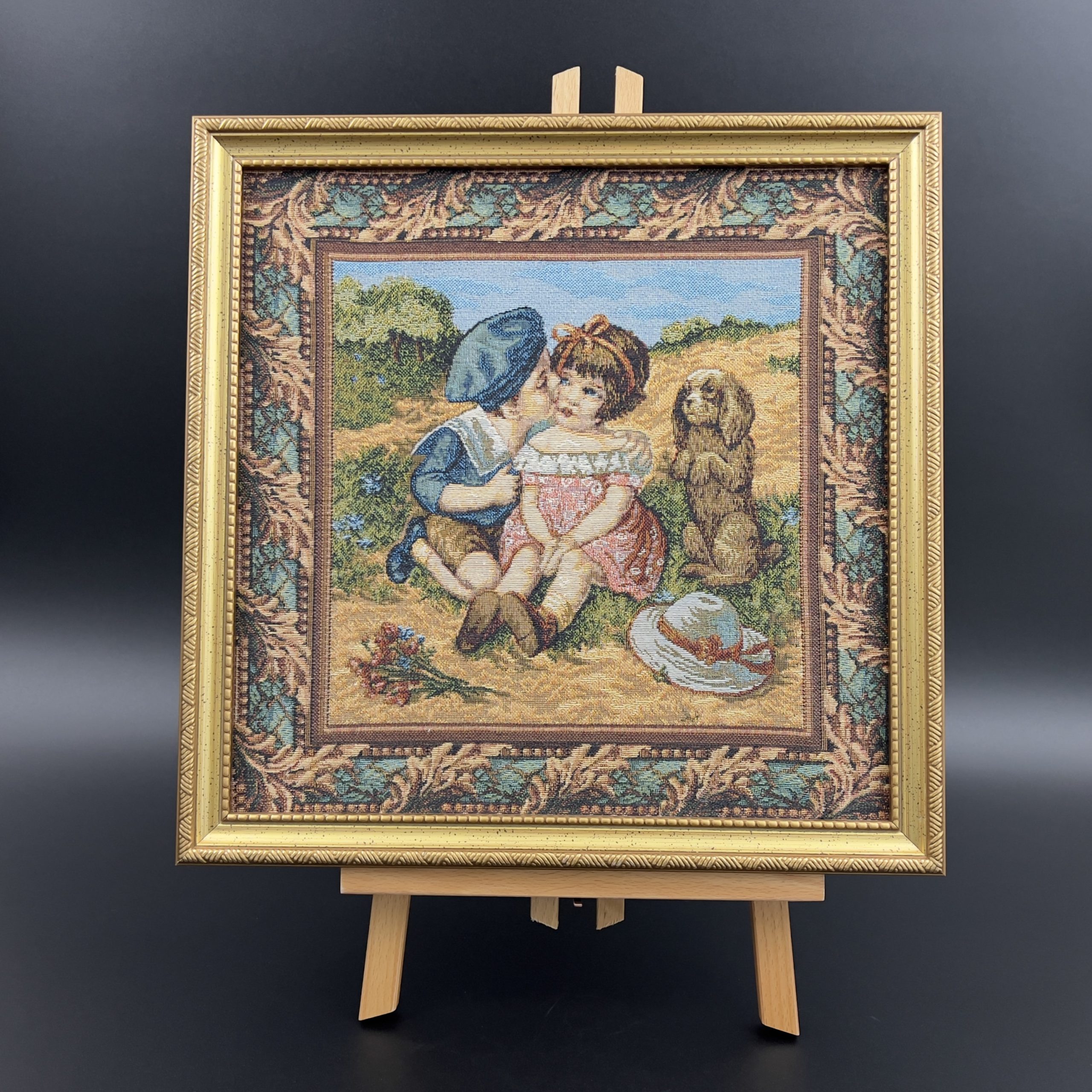 Vintage Framed Needlepoint Tapestry: Boy Kissing Girl with Dog - Image 3