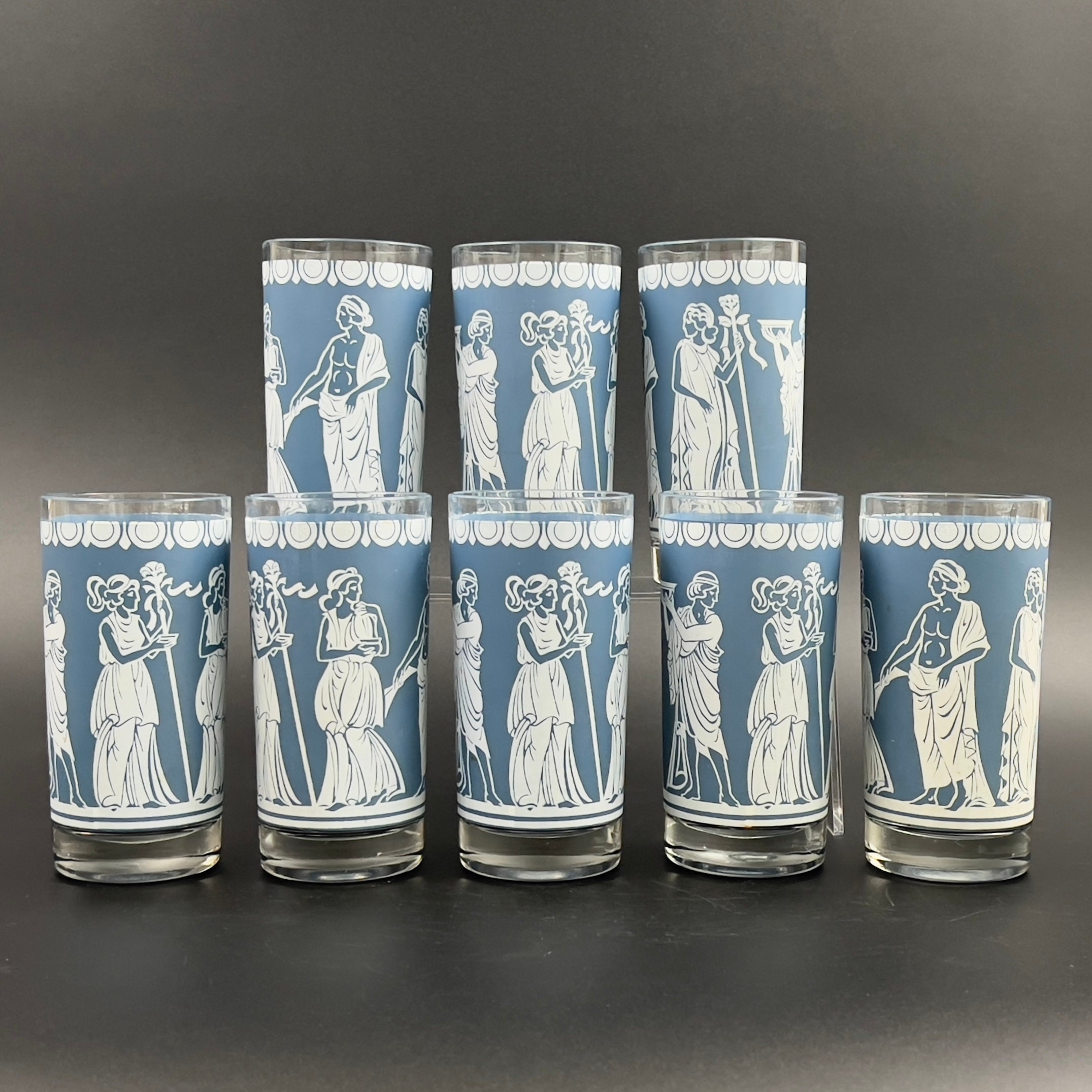Midcentury Blue & White Neoclassical Tumblers - Set of 8 Jeanette Glass Barware
