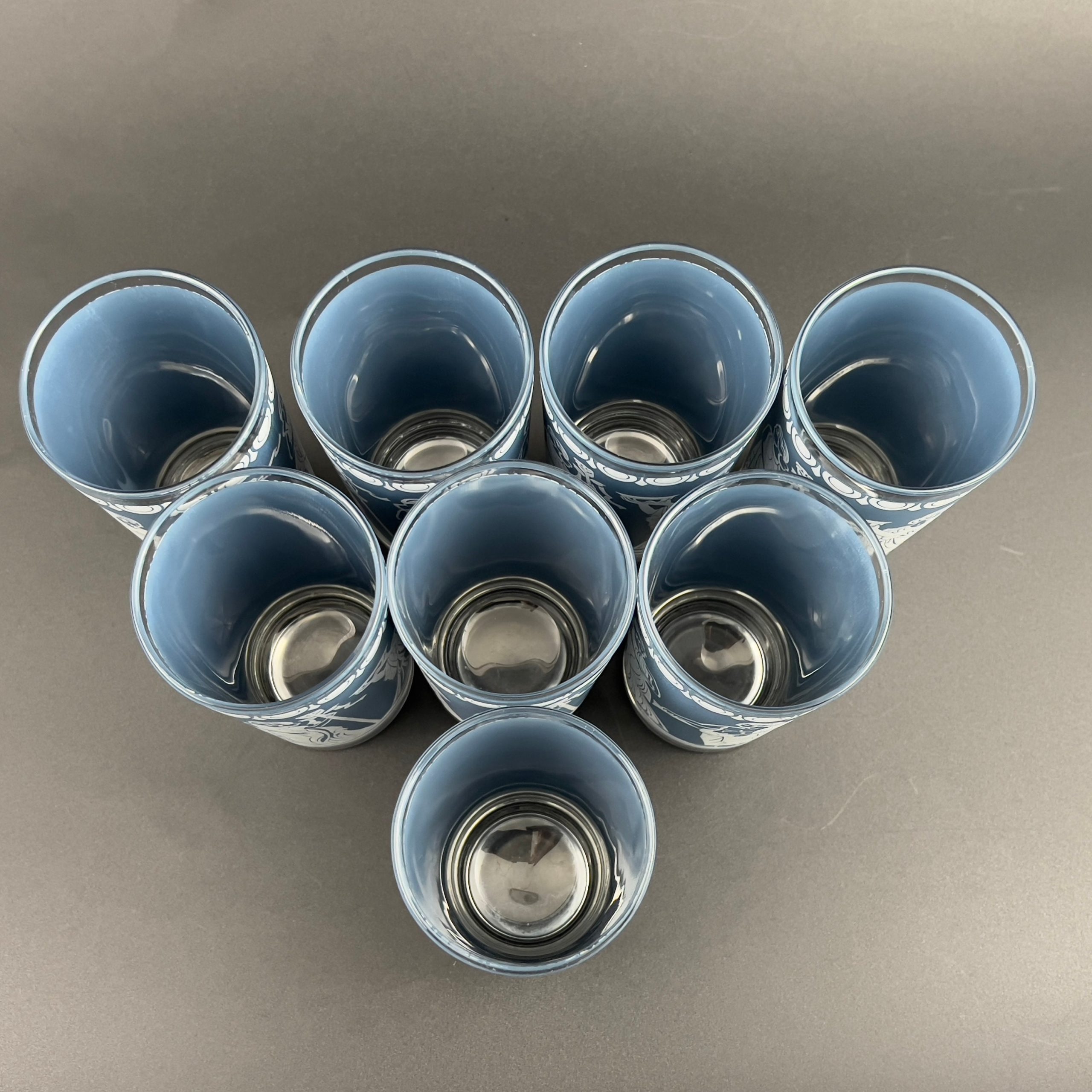 Midcentury Blue & White Neoclassical Tumblers - Set of 8 Jeanette Glass Barware - Image 10