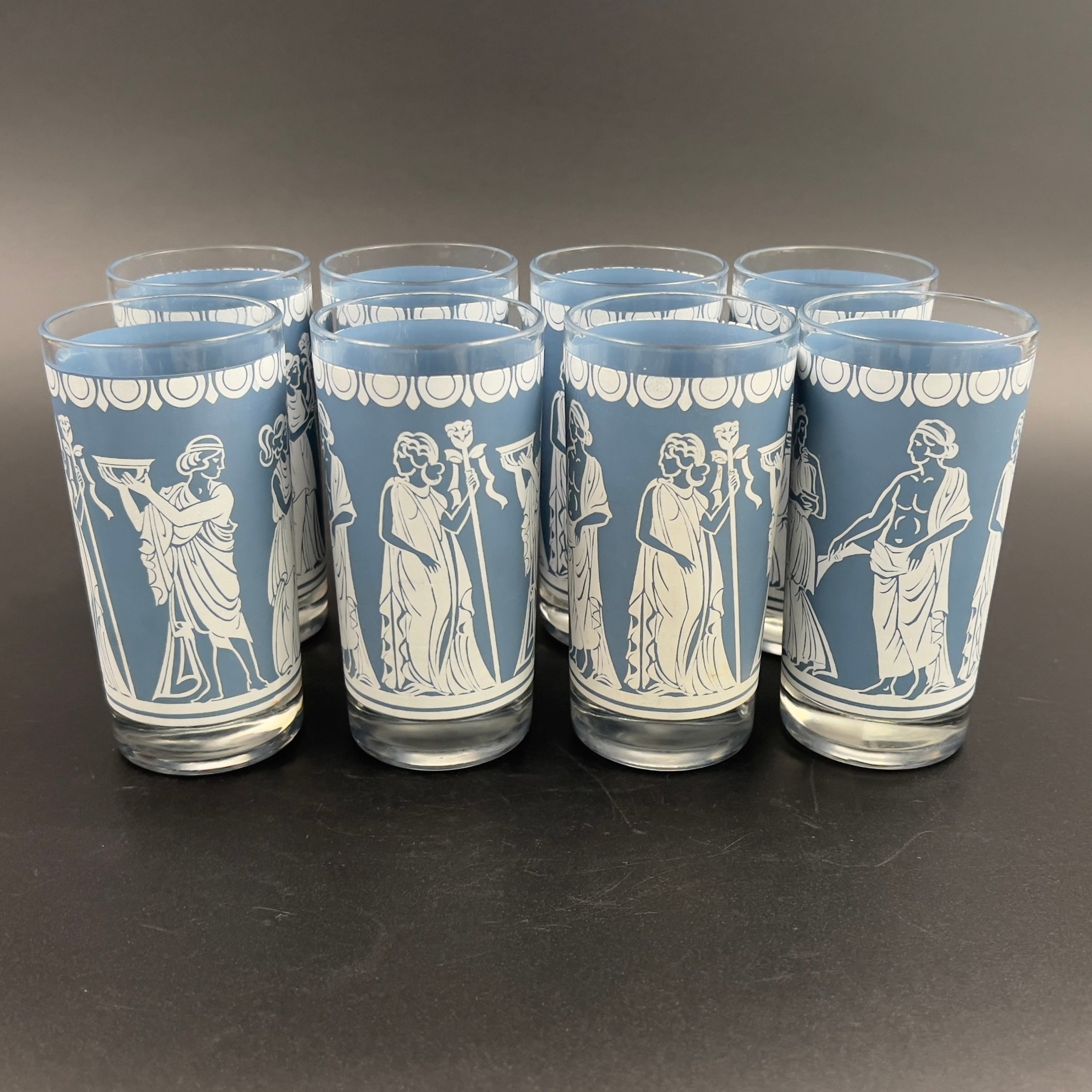 Midcentury Blue & White Neoclassical Tumblers - Set of 8 Jeanette Glass Barware - Image 6