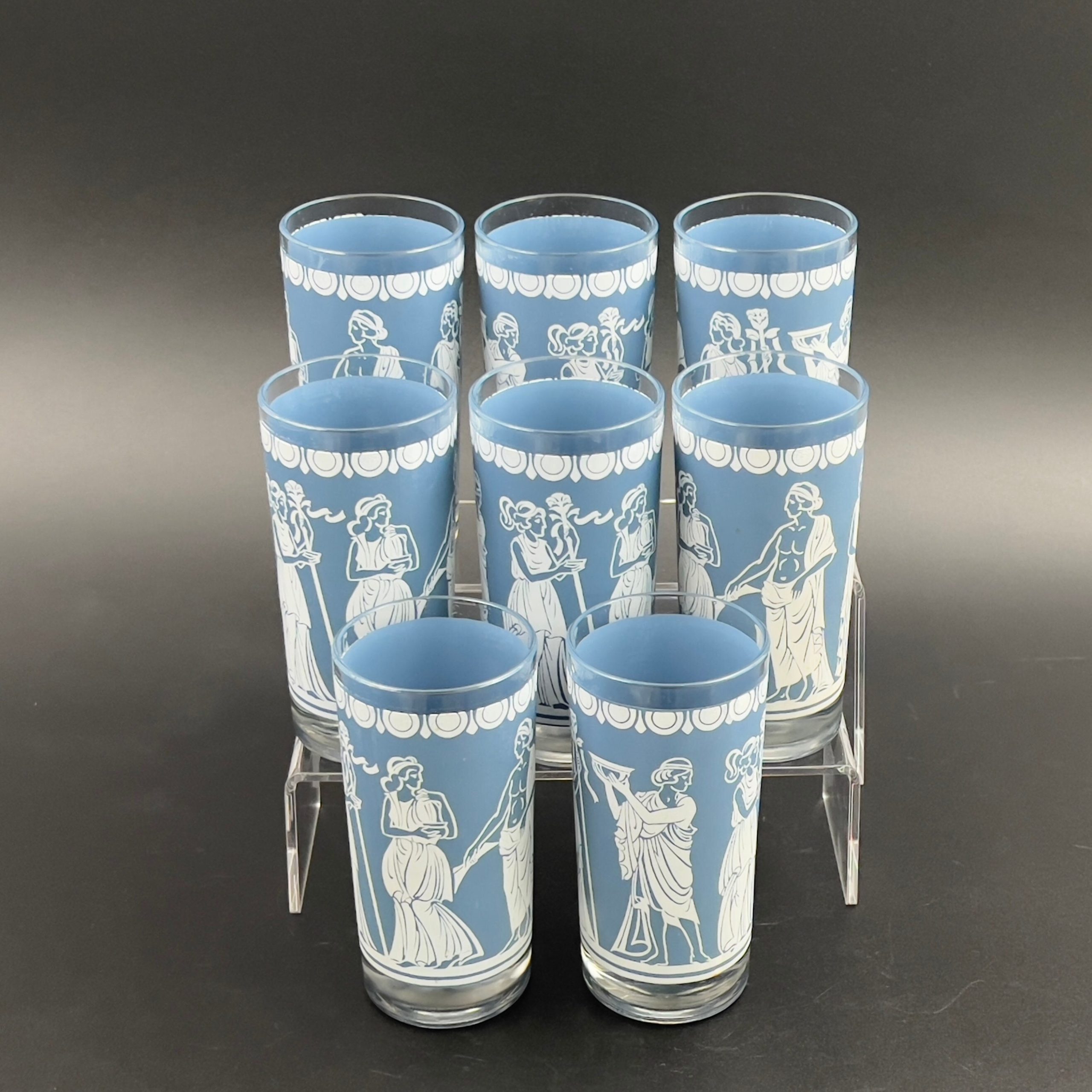 Midcentury Blue & White Neoclassical Tumblers - Set of 8 Jeanette Glass Barware - Image 3