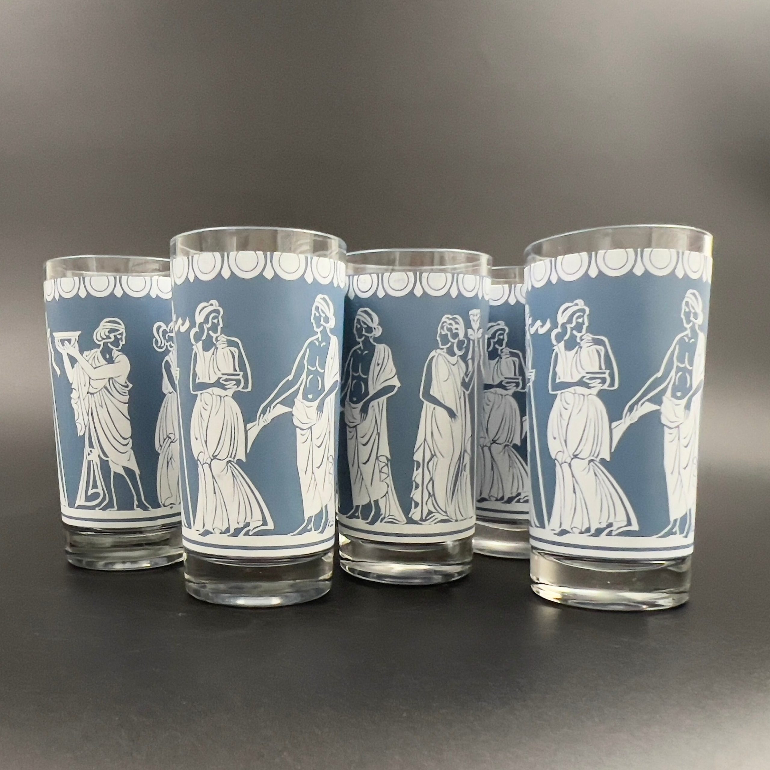 Midcentury Blue & White Neoclassical Tumblers - Set of 8 Jeanette Glass Barware - Image 5