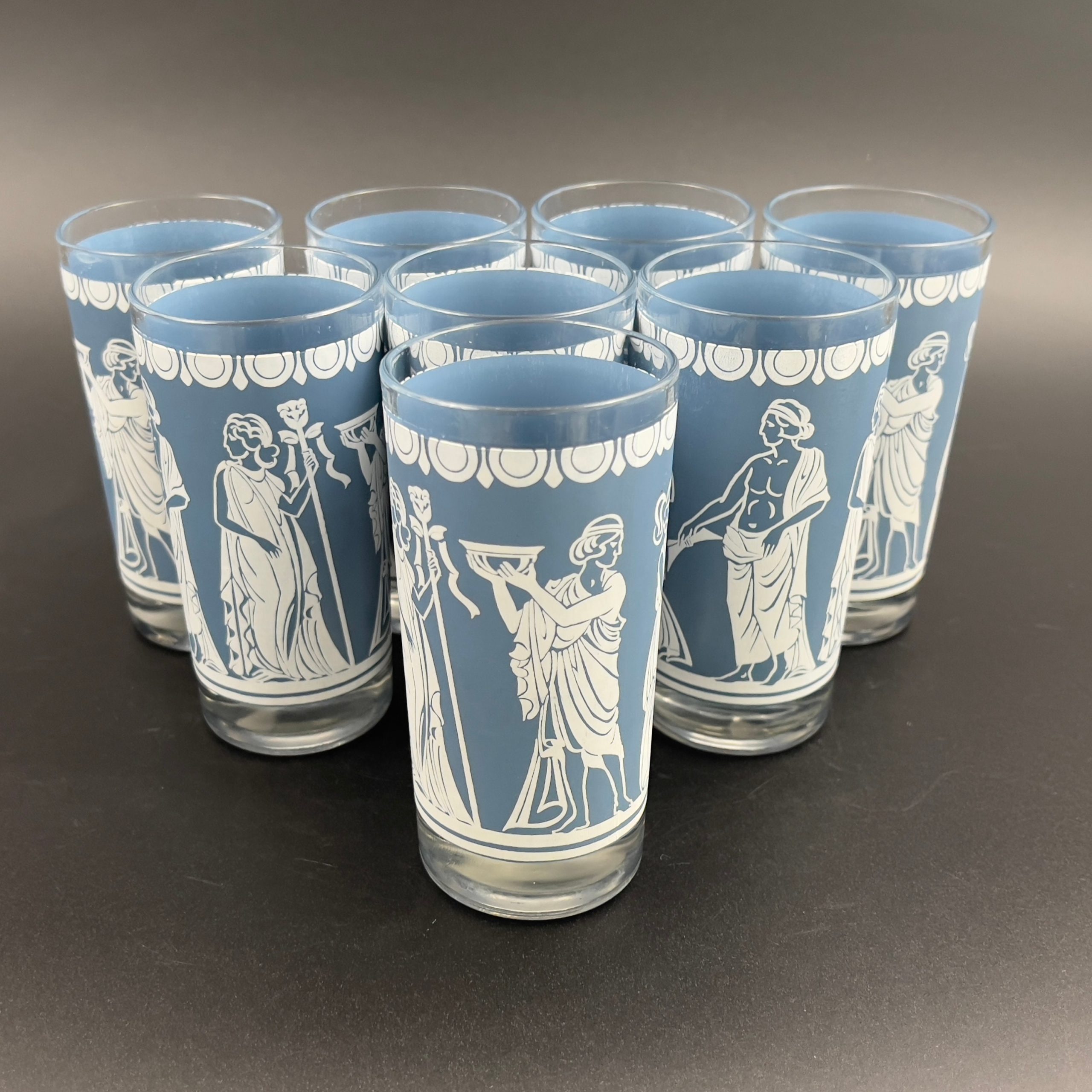 Midcentury Blue & White Neoclassical Tumblers - Set of 8 Jeanette Glass Barware - Image 4
