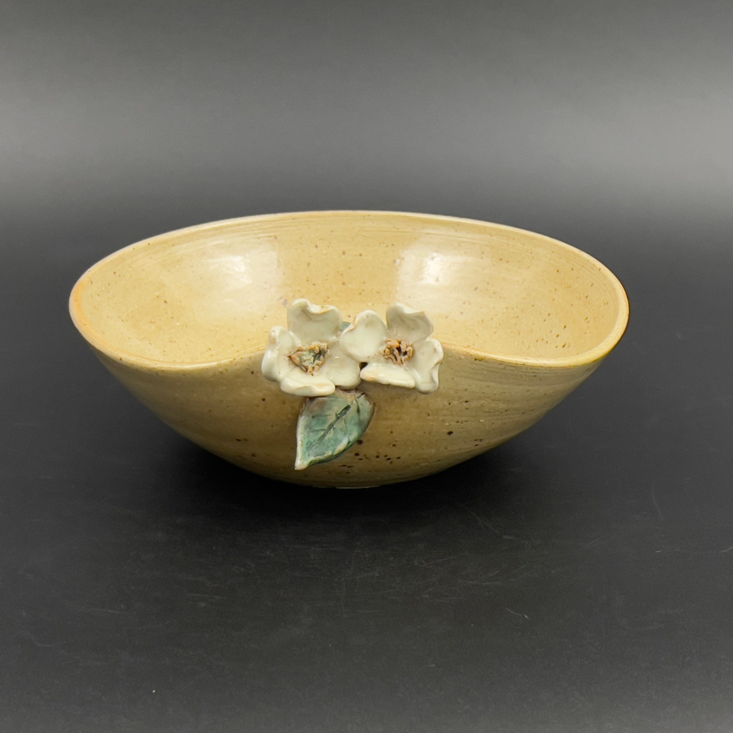 Antique Studio Pottery Bowl: Yellow Ceramic Centerpiece with Raised Flowers