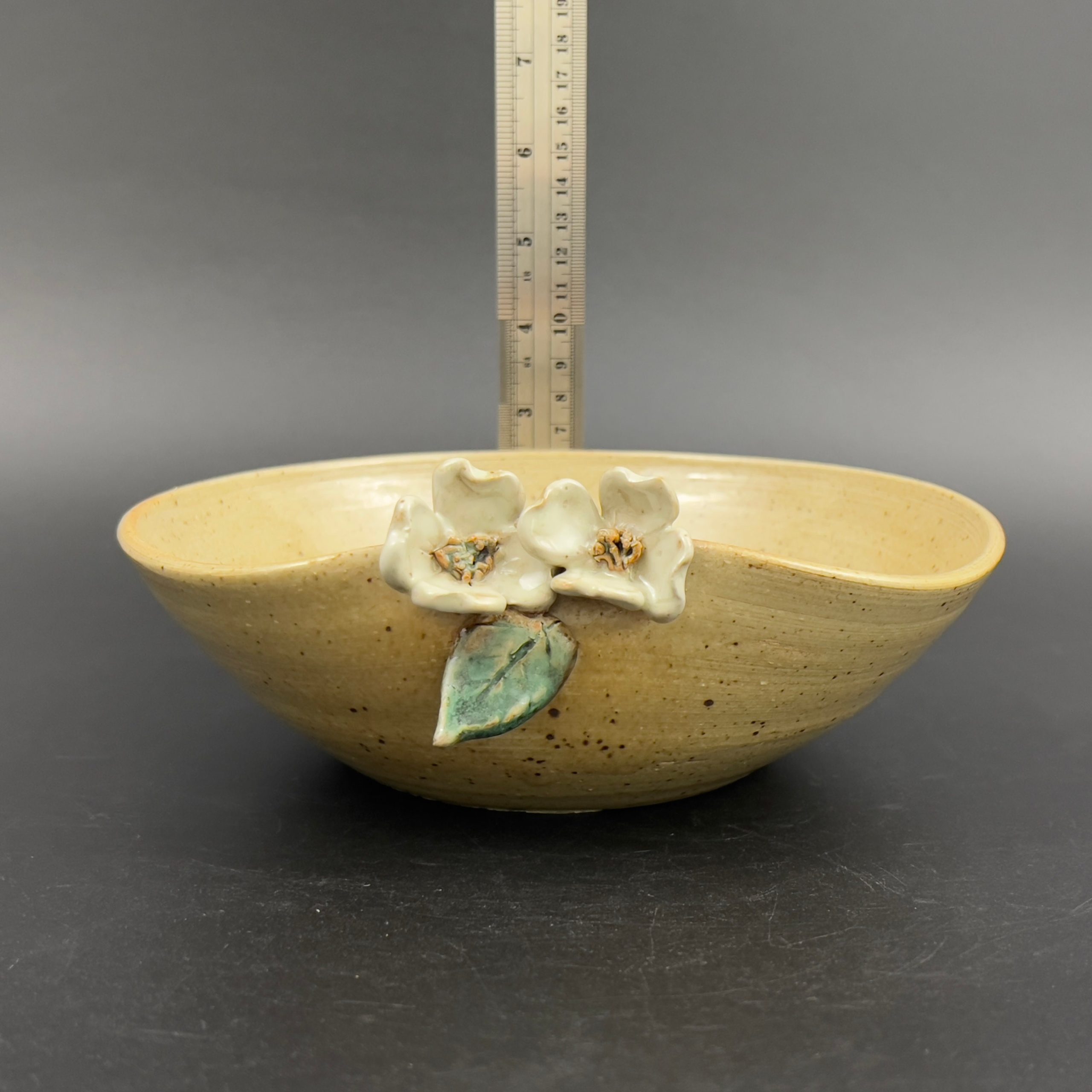 Antique Studio Pottery Bowl: Yellow Ceramic Centerpiece with Raised Flowers - Image 10