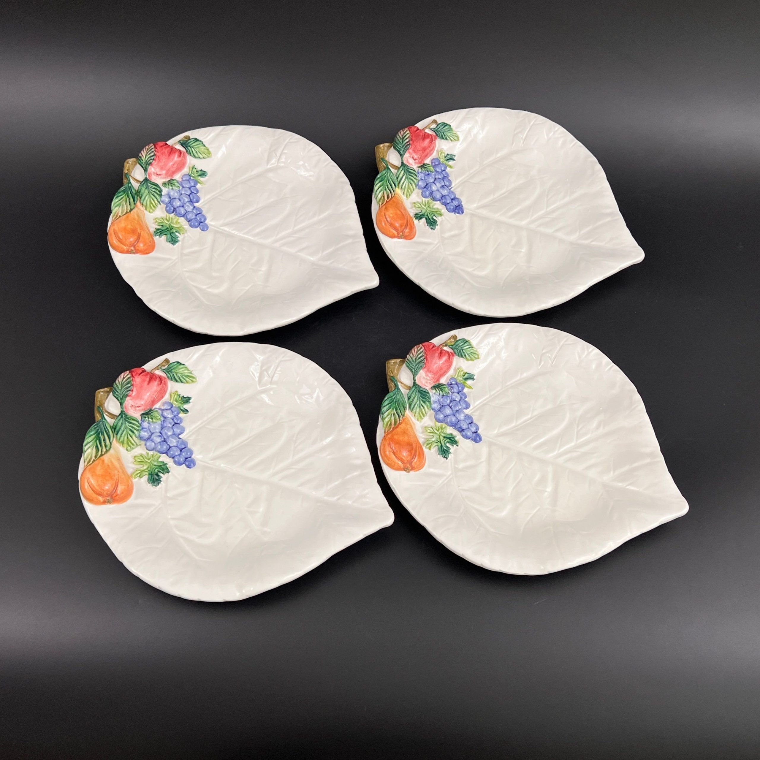 Vintage Bassano Majolica Leaf Plates: Italian Ceramic Fruit Accent, Set of 4