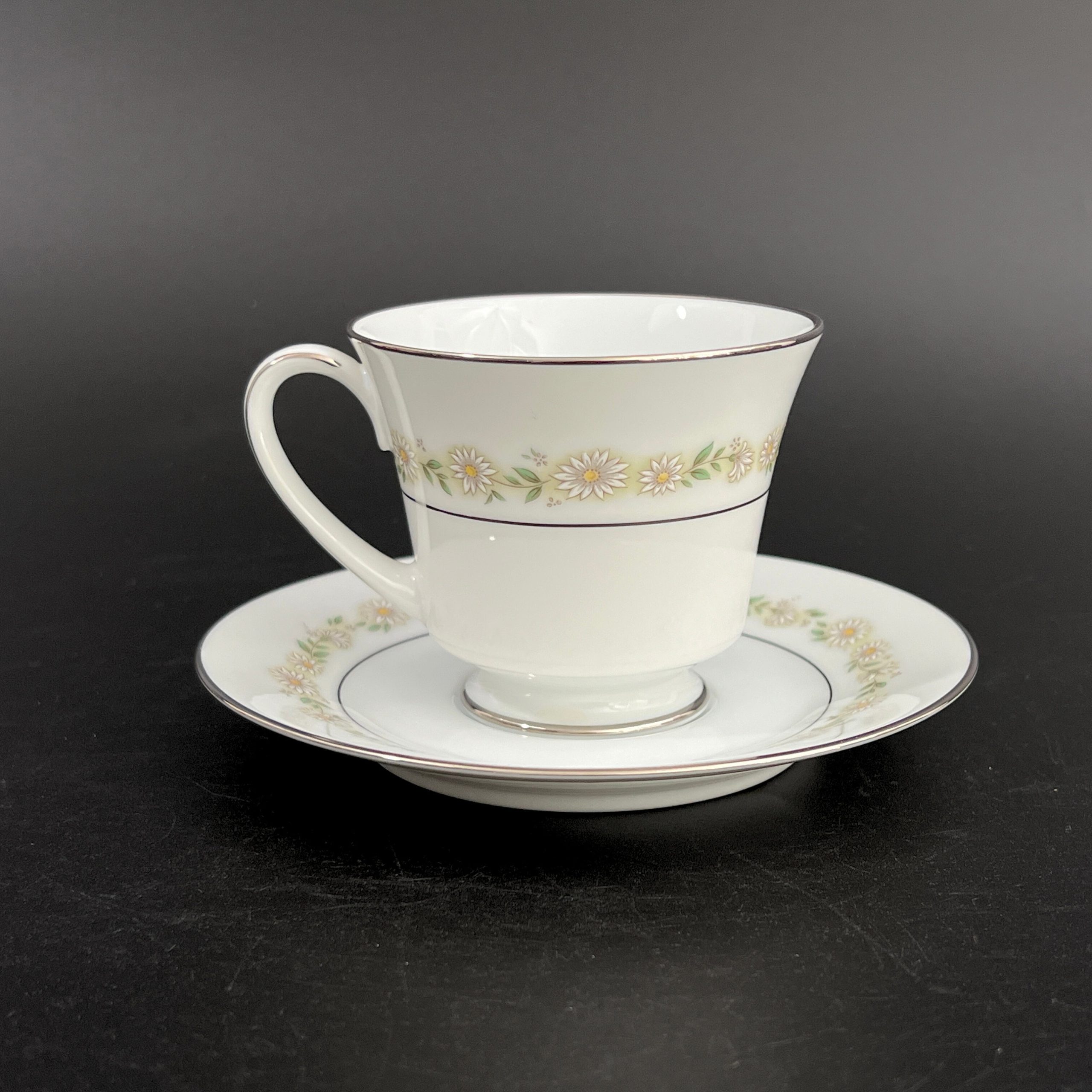 Midcentury Noritake Trilby Teacup & Saucer Set: Daisy Pattern, Platinum Trim
