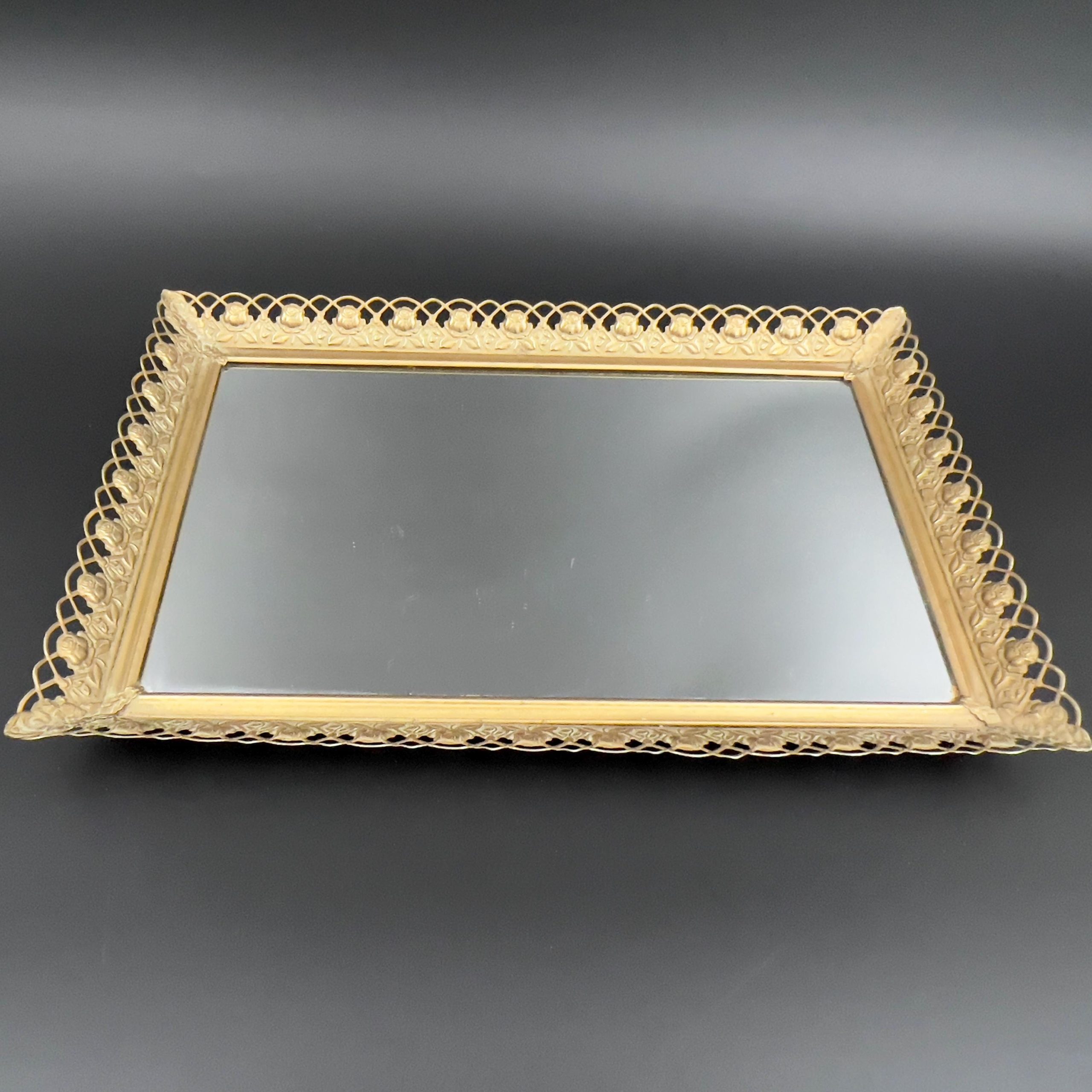 Vintage Hollywood Regency Brass Mirror Tray: 1940s Vanity Decor - Image 3