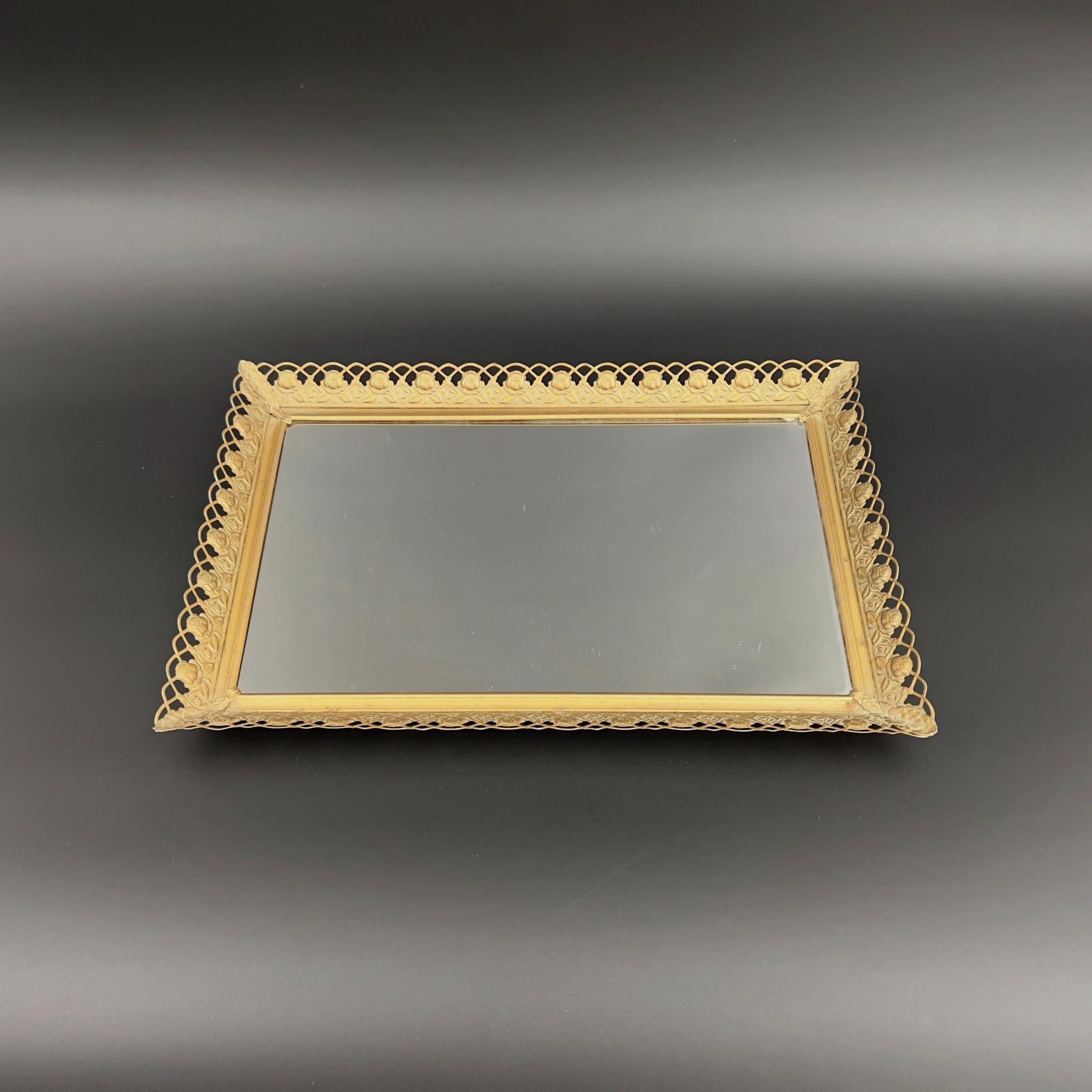 Vintage Hollywood Regency Brass Mirror Tray: 1940s Vanity Decor