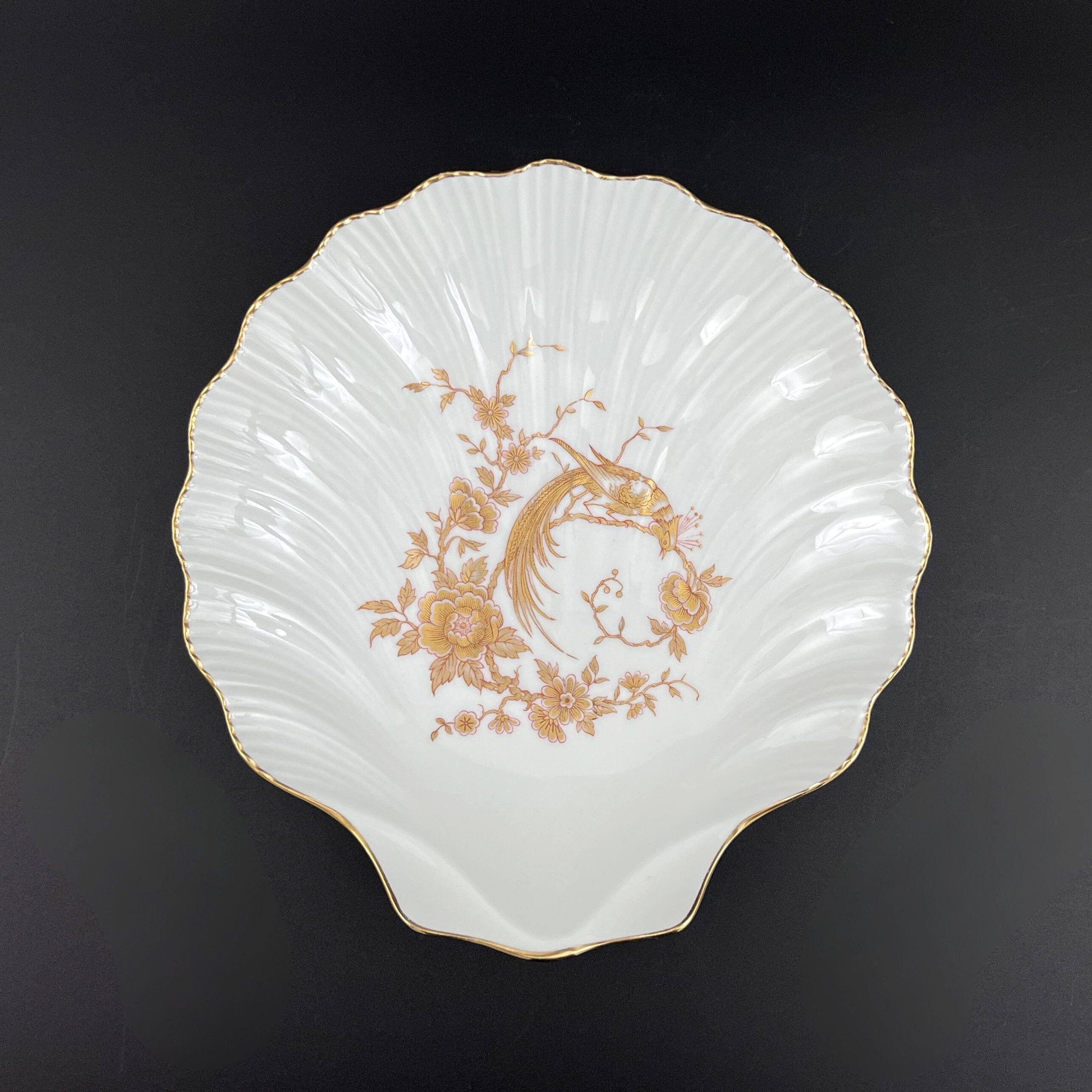 Vintage Limoges Porcelain Shell Dish: Gold Phoenix Floral Design