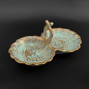 Vintage Stangl Pottery Leaf Dish: Mid-Century Modern Gold & Turquoise Candy Dish