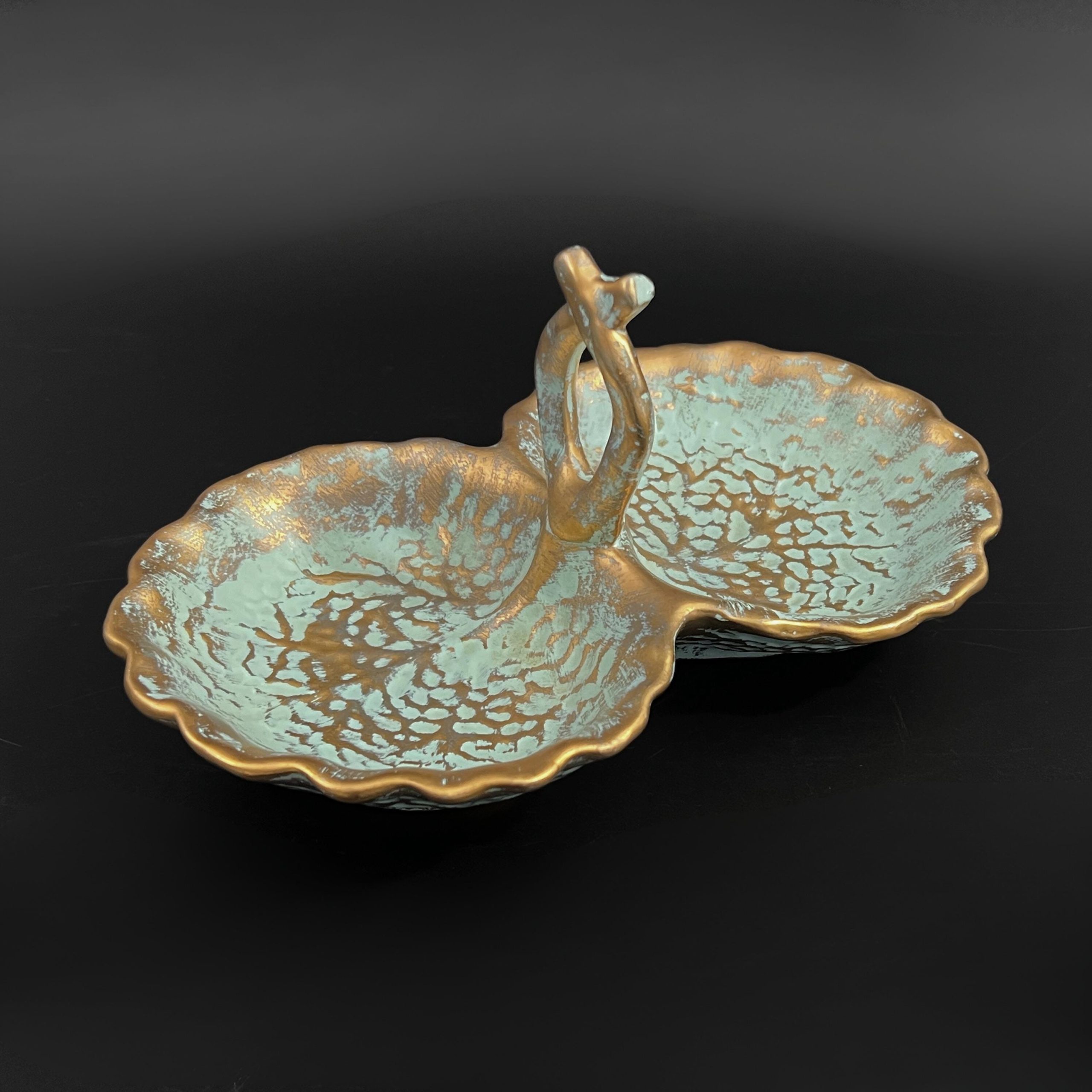 Vintage Stangl Pottery Leaf Dish: Mid-Century Modern Gold & Turquoise Candy Dish