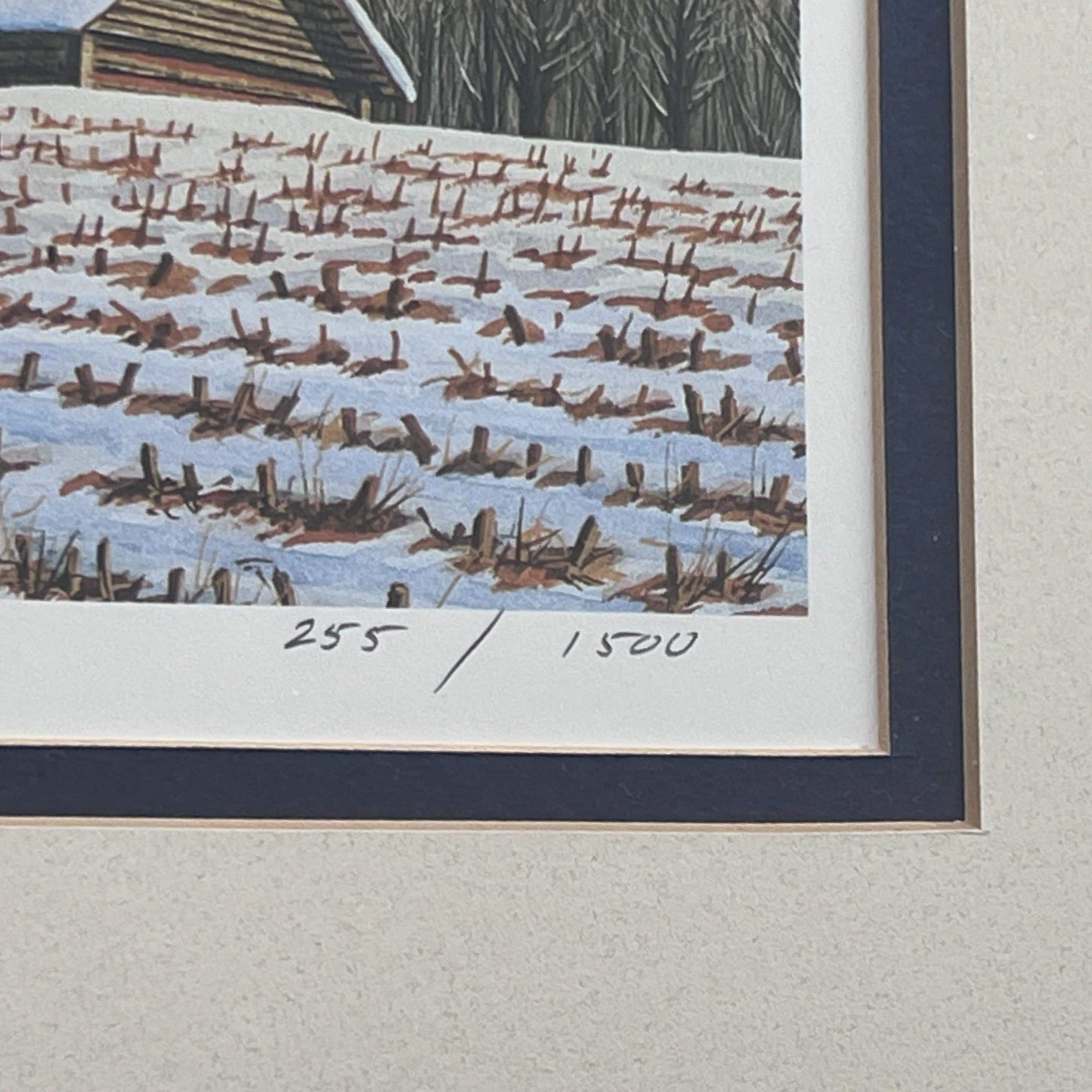 Framed Canadian Geese Lithograph: Signed & Numbered Winter Barn Art - Image 5