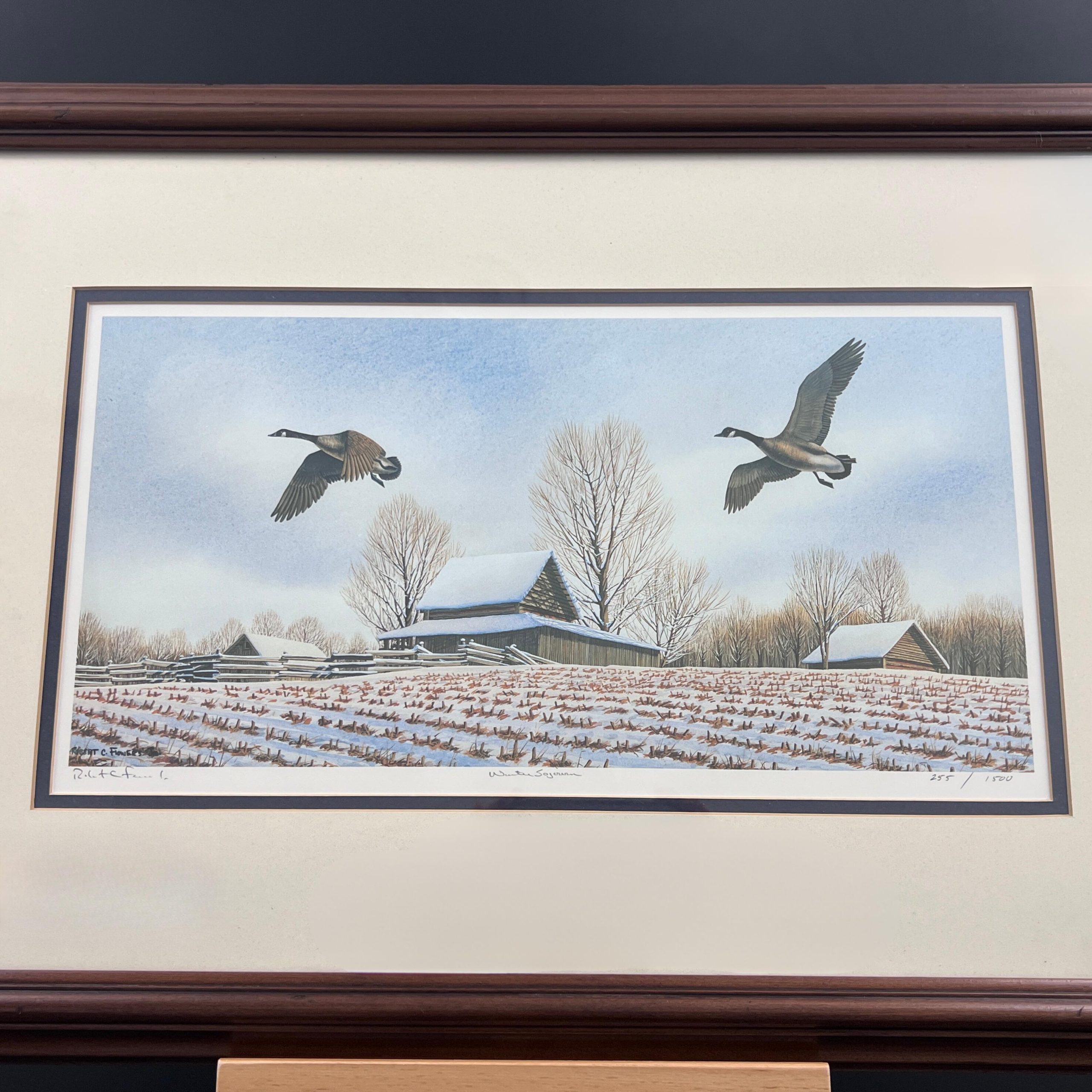 Framed Canadian Geese Lithograph: Signed & Numbered Winter Barn Art - Image 3