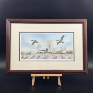 Framed Canadian Geese Lithograph: Signed & Numbered Winter Barn Art