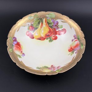 Antique Tirschenreuth Porcelain Bowl: Art Nouveau Hand-Painted Fruit, 18K Gold