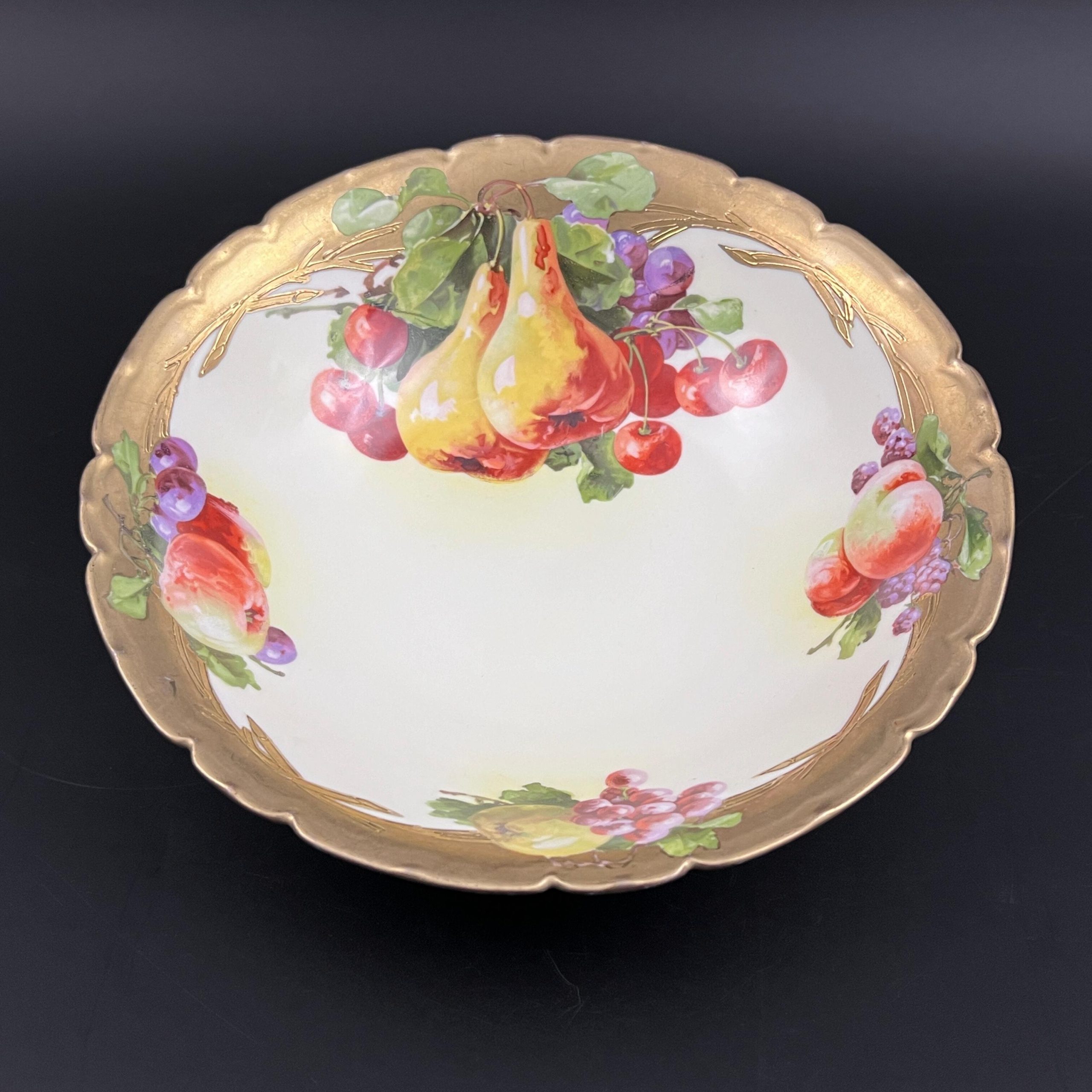 Antique Tirschenreuth Porcelain Bowl: Art Nouveau Hand-Painted Fruit, 18K Gold