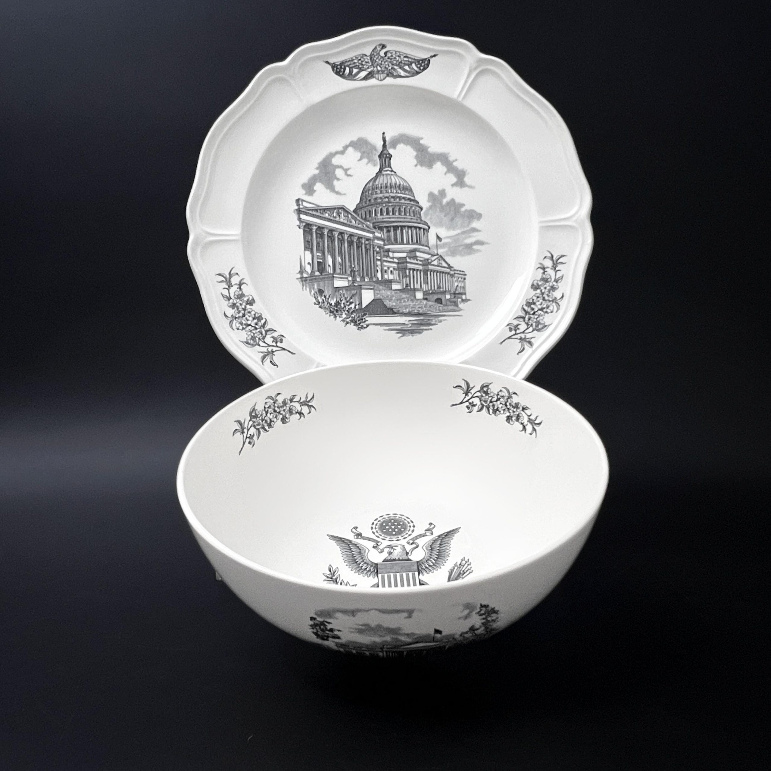 Vintage Wedgwood Federal City Bowl & Plate Set: Black Transferware, Washington DC Landmarks