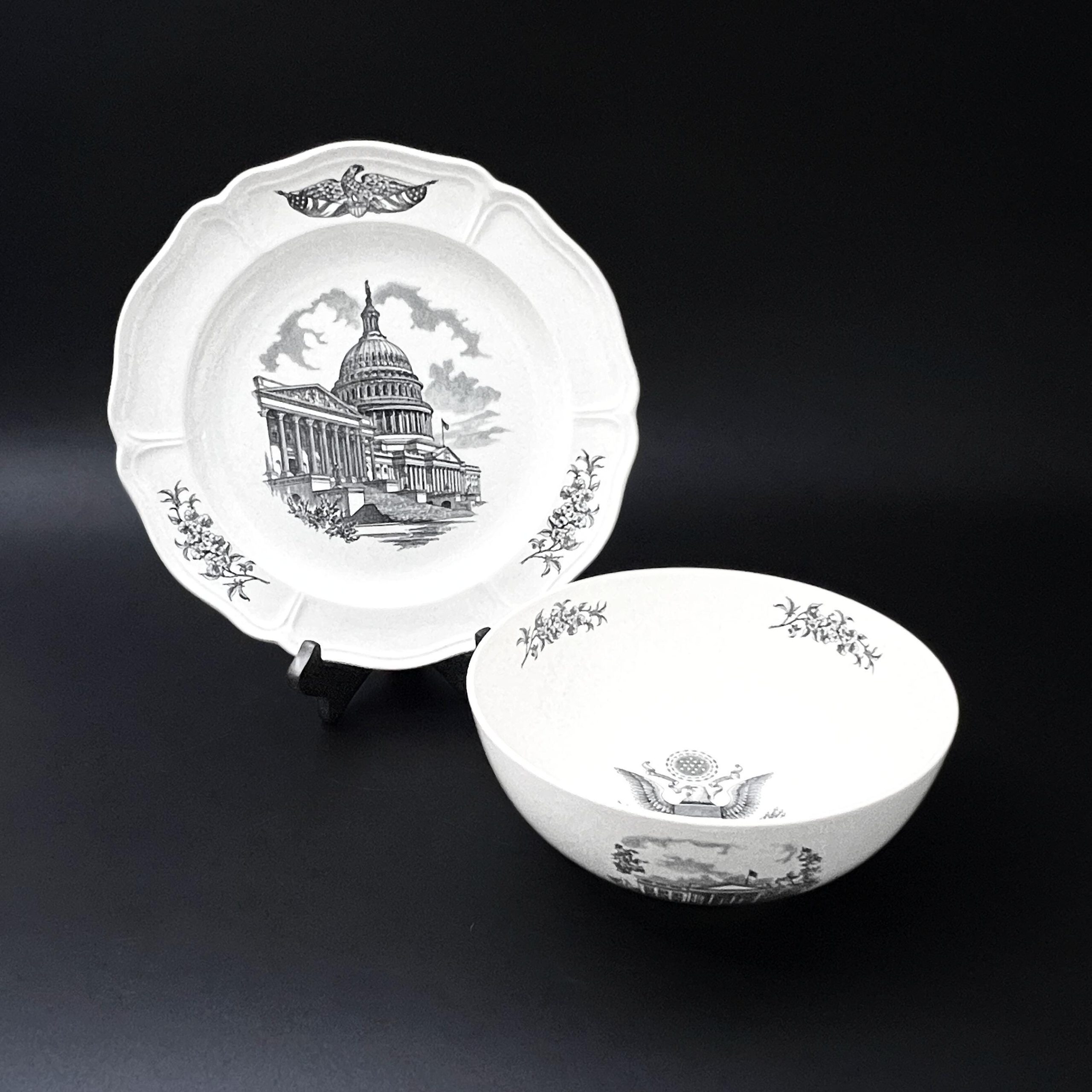 Vintage Wedgwood Federal City Bowl & Plate Set: Black Transferware, Washington DC Landmarks - Image 3