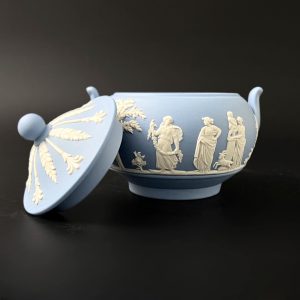 Vintage Wedgwood Blue Jasperware Sugar Bowl: Neoclassical Relief, Made in England